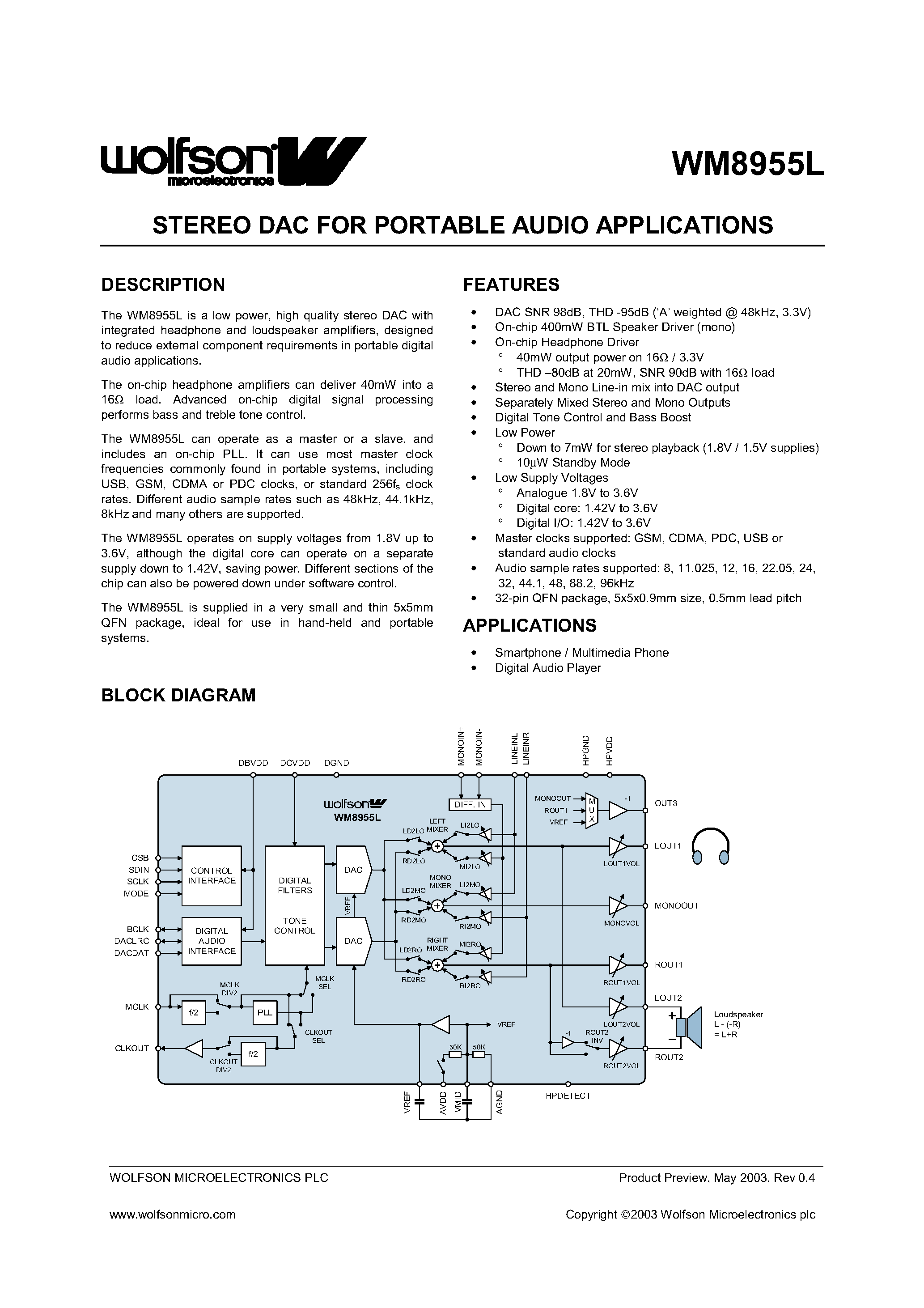 Datasheet WM8955LEFL page 1 Datasheet WM8955LEFL - STEREO DAC FOR PORTABLE AUDIO APPLICATIONS page 1