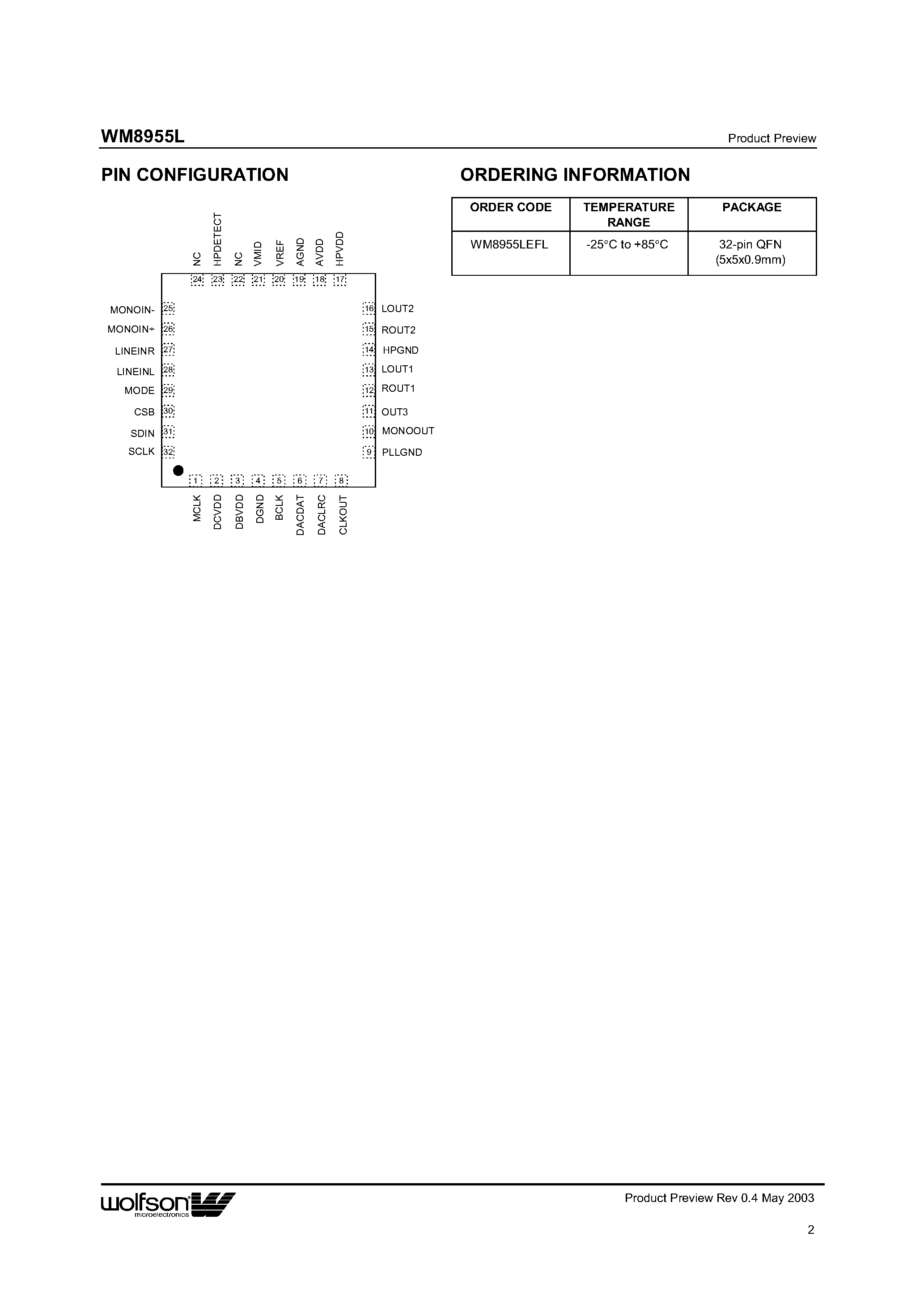 Datasheet WM8955LEFL page 2 Datasheet WM8955LEFL - STEREO DAC FOR PORTABLE AUDIO APPLICATIONS page 2