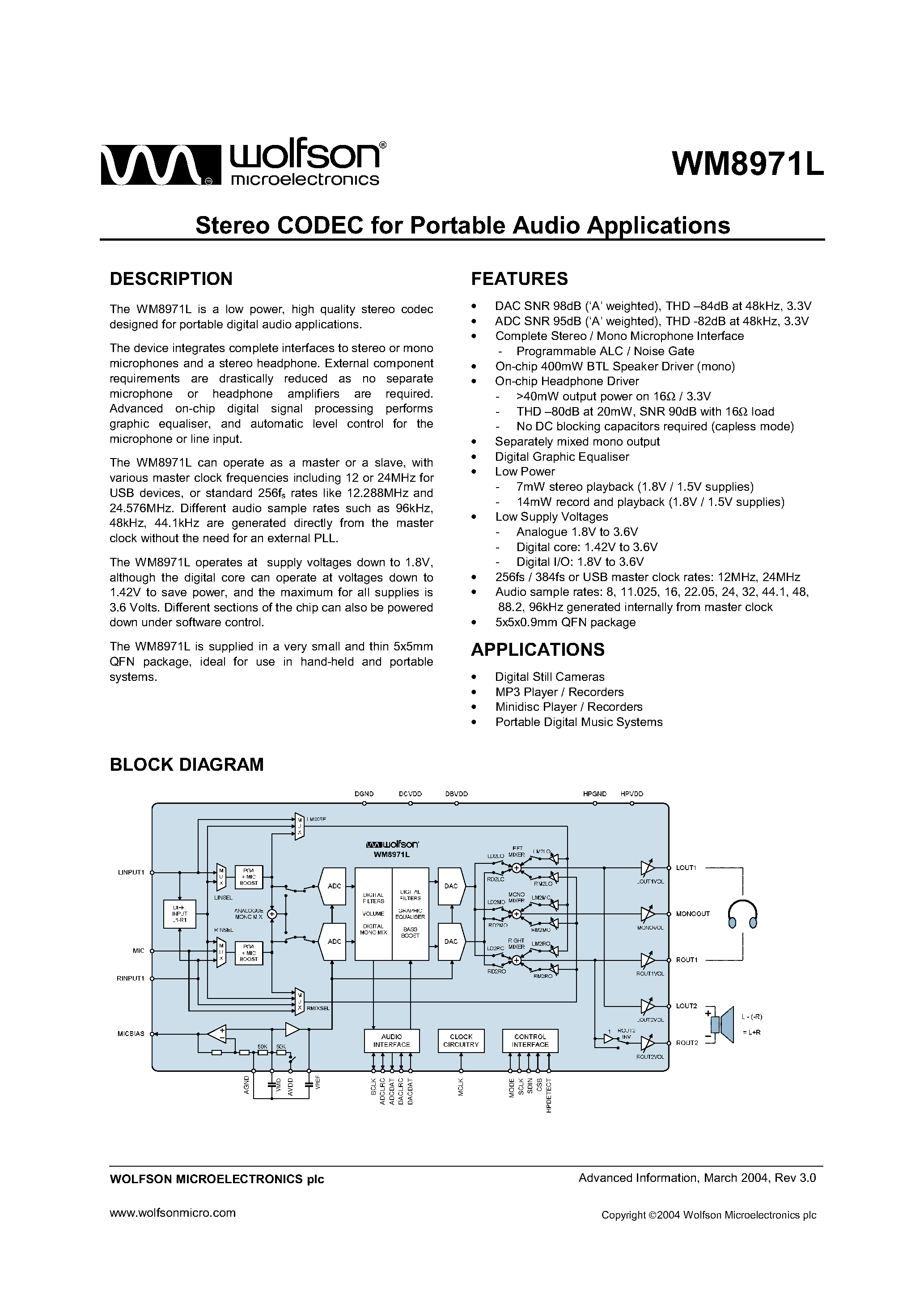 Даташит на микросхему WM8971L страница 1 Даташит WM8971L - STEREO CODEC FOR PORTABLE AUDIO APPLLICATIONS страница 1