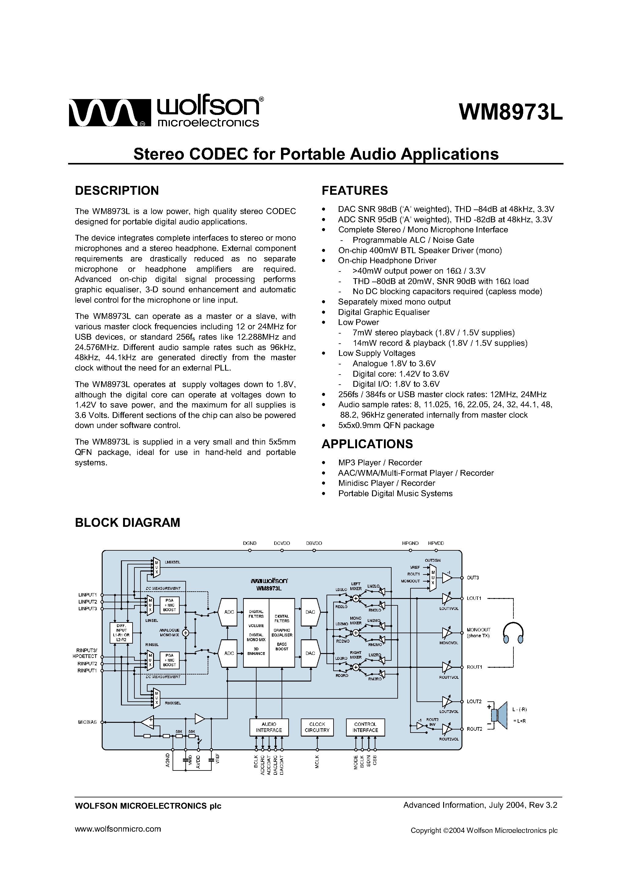 Datasheet WM8973 page 1 Datasheet WM8973 - STEREO CODEC FOR PORTABLE AUDIO APPLICATIONS page 1
