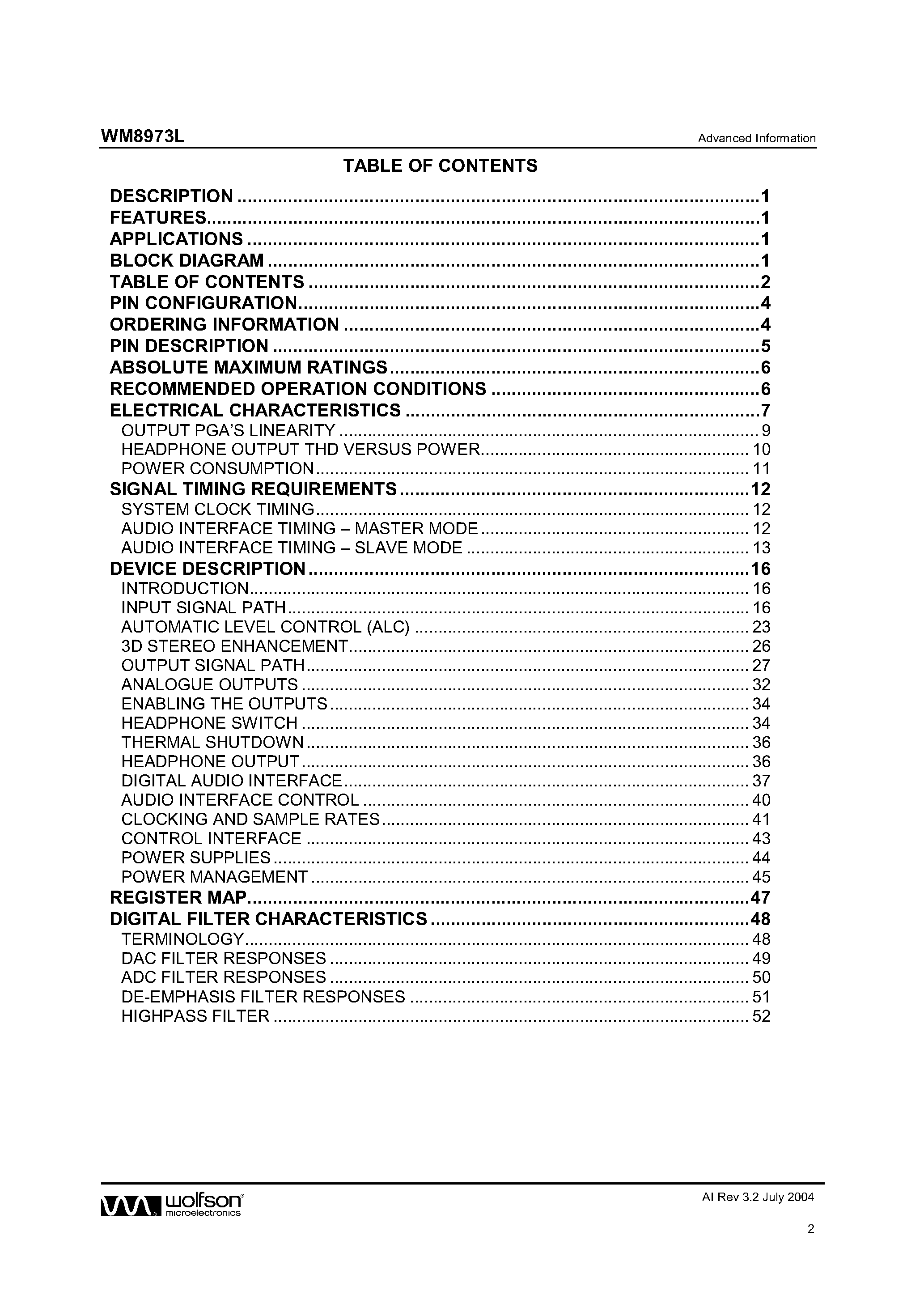 Datasheet WM8973 page 2 Datasheet WM8973 - STEREO CODEC FOR PORTABLE AUDIO APPLICATIONS page 2