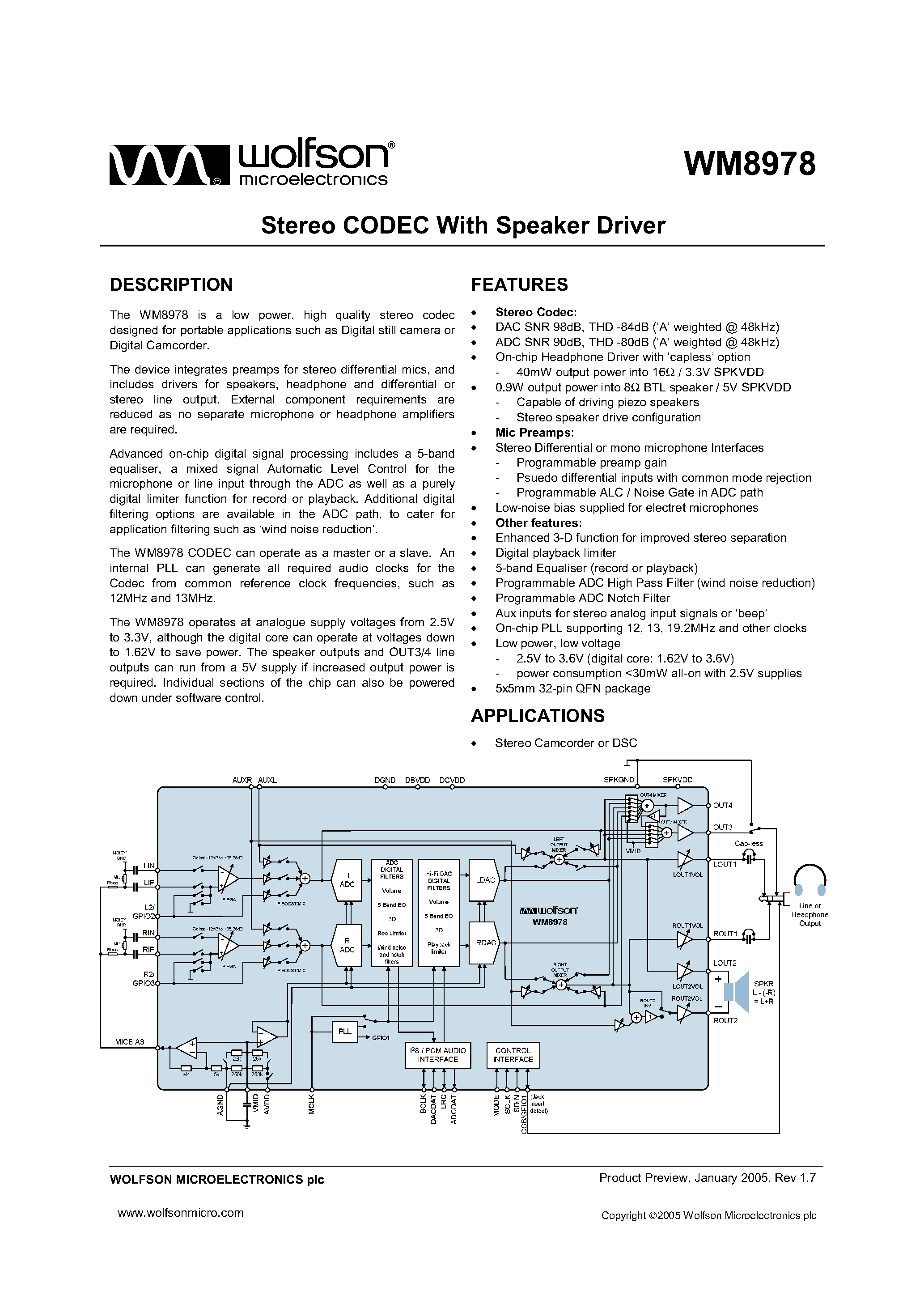 Datasheet WM8978 page 1 Datasheet WM8978 - STEREO CODEC WITH SPEAKER DRIVER page 1