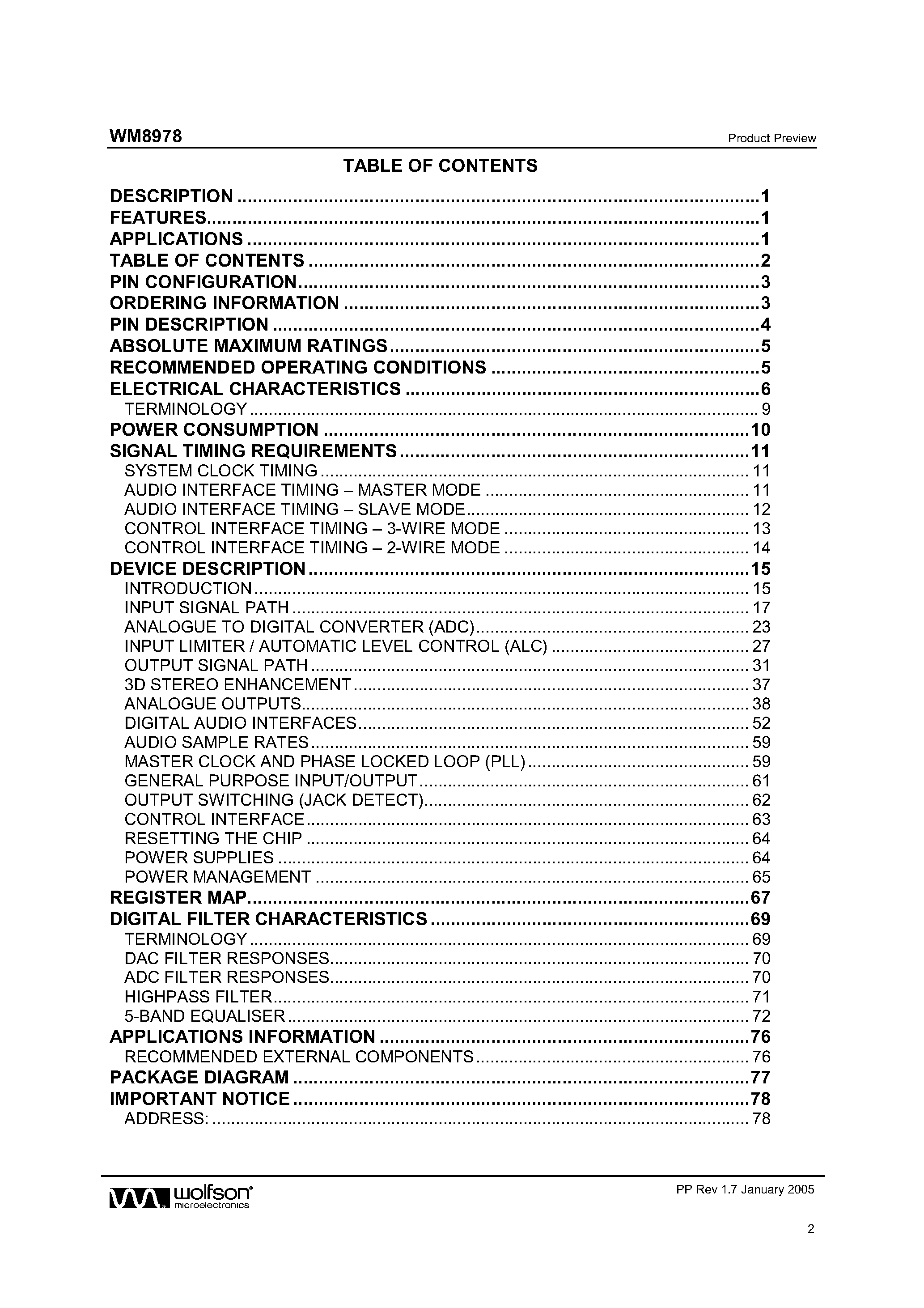 Datasheet WM8978 page 2 Datasheet WM8978 - STEREO CODEC WITH SPEAKER DRIVER page 2