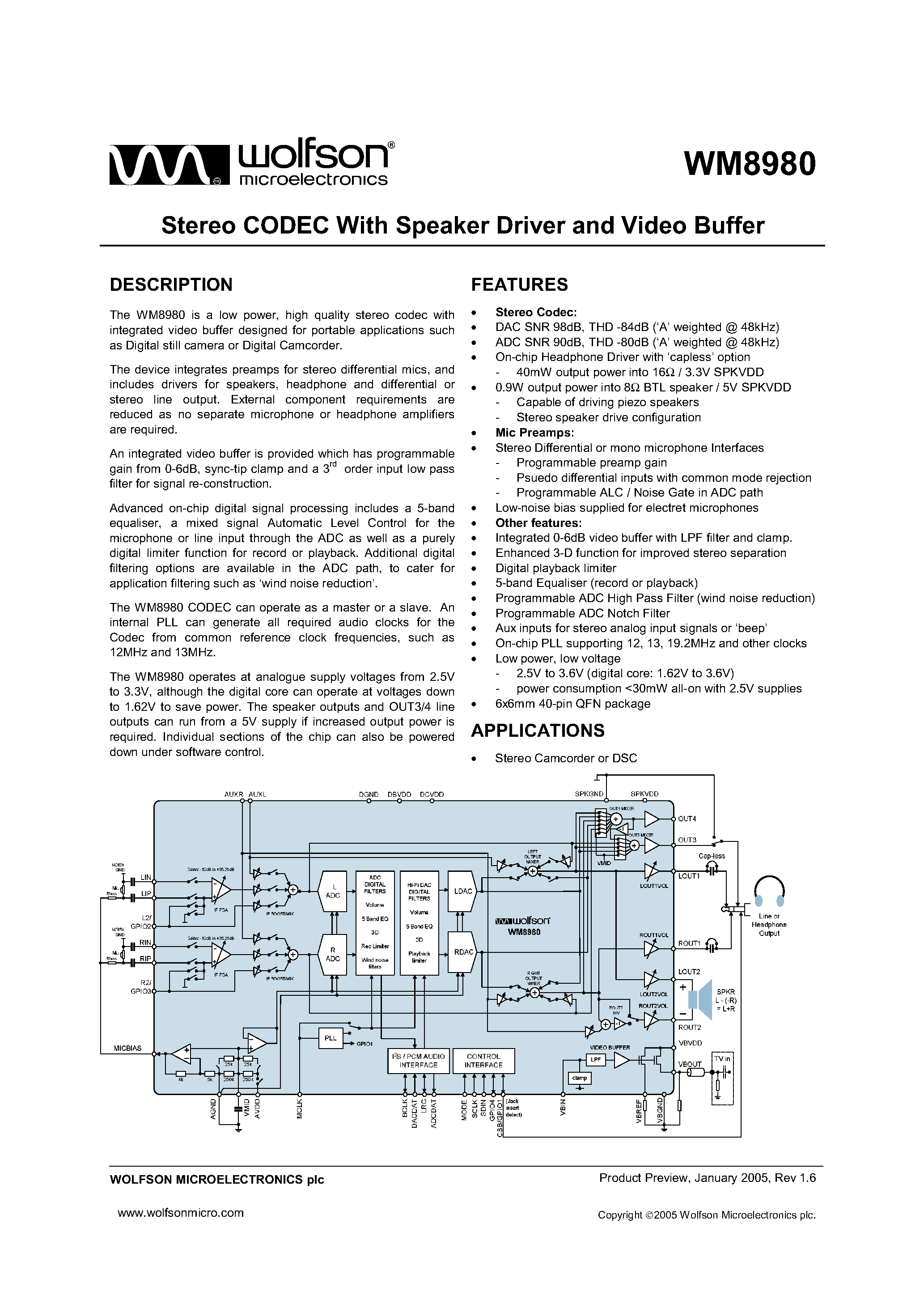 Datasheet WM8980 page 1 Datasheet WM8980 - STEREO CODEC WITH SPEAKER DRIVER AND BUFFER page 1