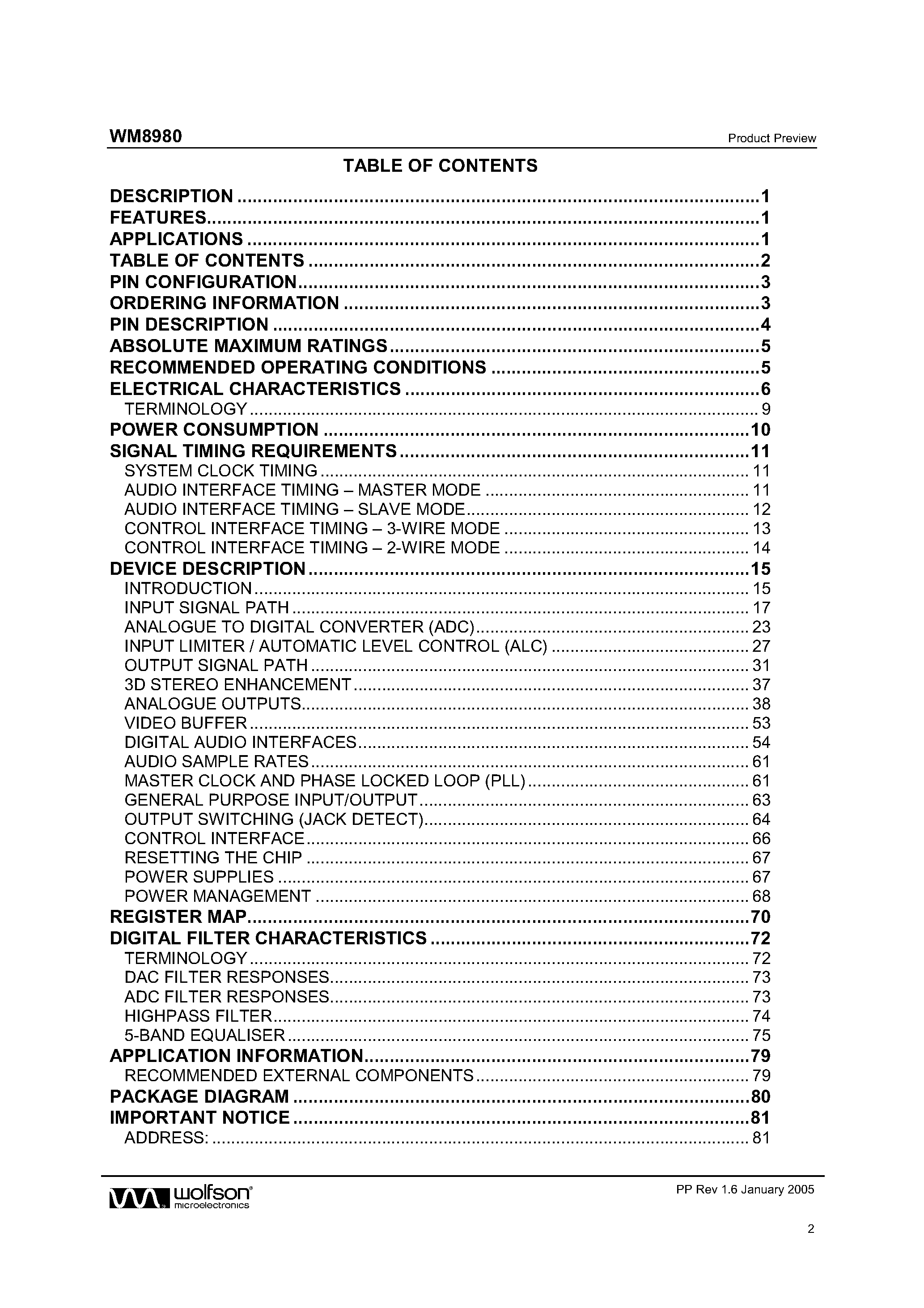 Datasheet WM8980 page 2 Datasheet WM8980 - STEREO CODEC WITH SPEAKER DRIVER AND BUFFER page 2