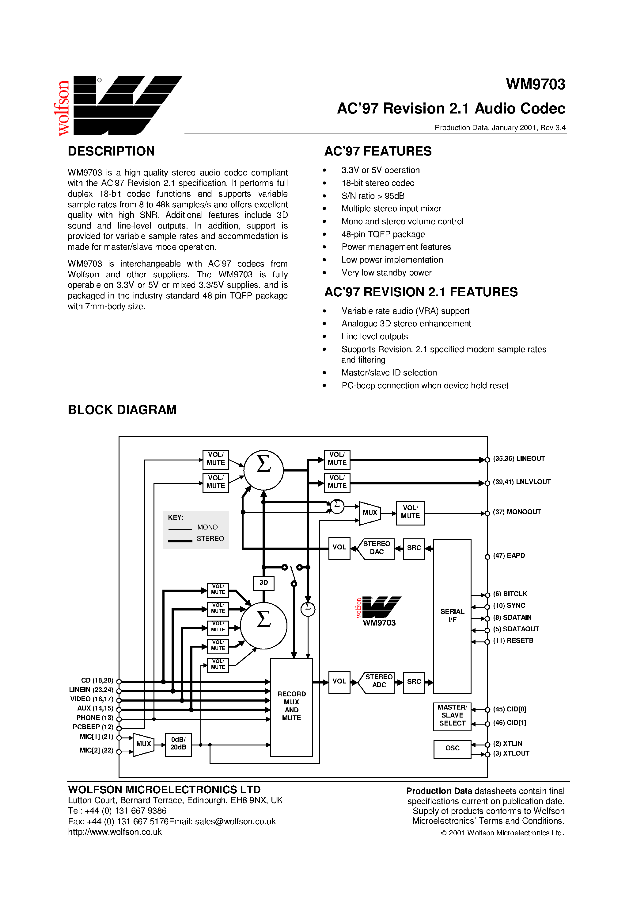 Datasheet WM9703 page 1 Datasheet WM9703 - AC97 Revision 2.1 Audio Codec page 1