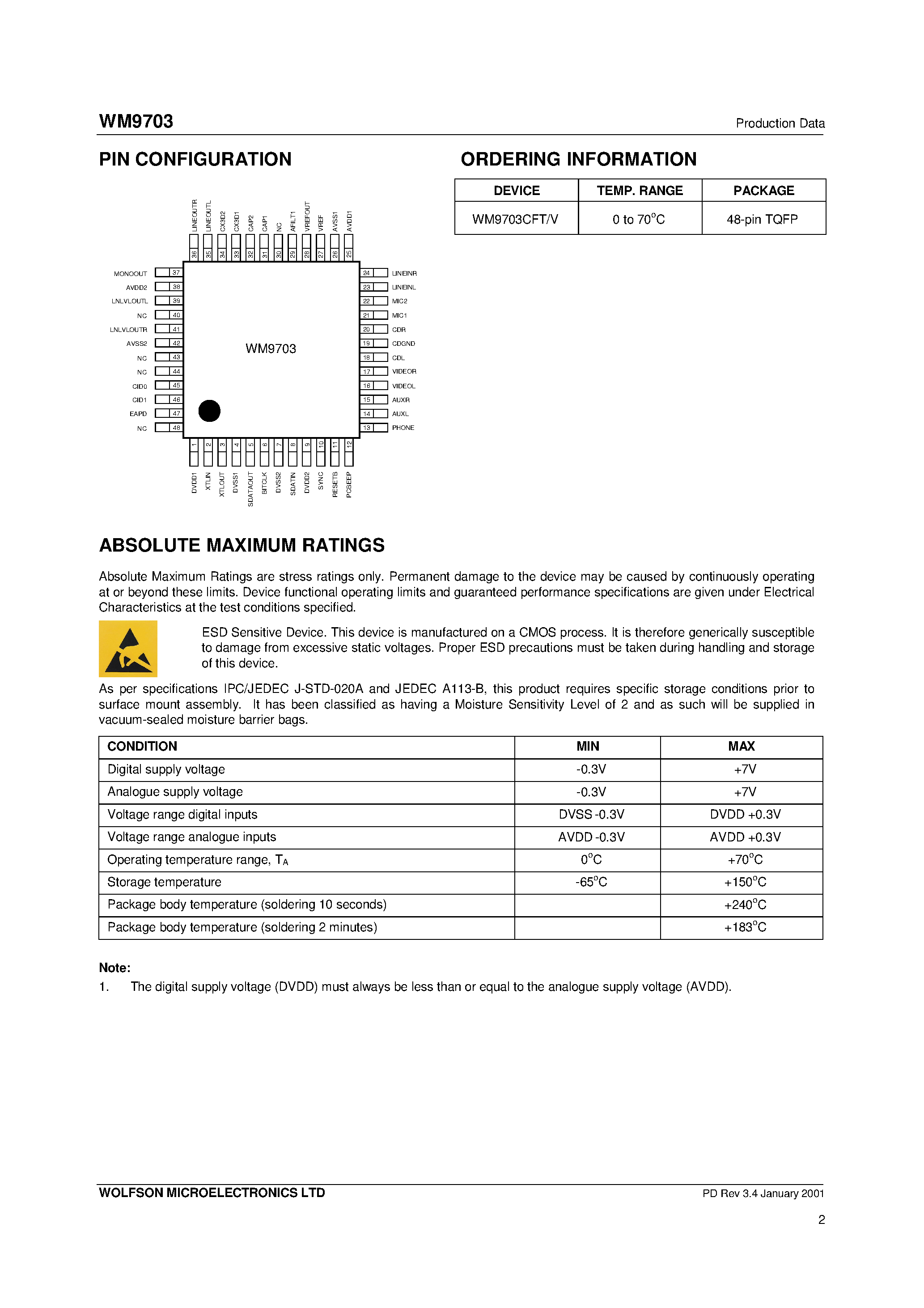 Datasheet WM9703 page 2 Datasheet WM9703 - AC97 Revision 2.1 Audio Codec page 2