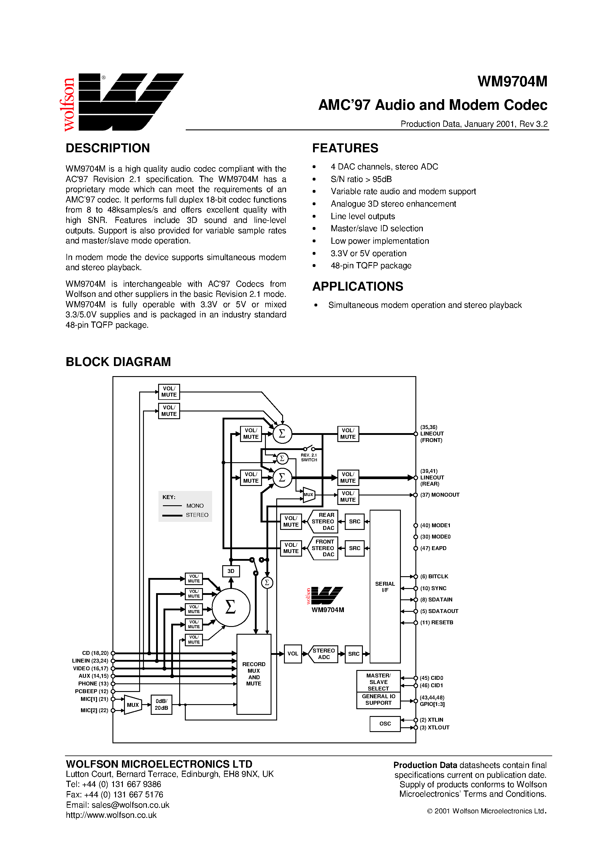 Datasheet WM9704CFT/V page 1 Datasheet WM9704CFT/V - 4-Channel Surround Sound Codec page 1