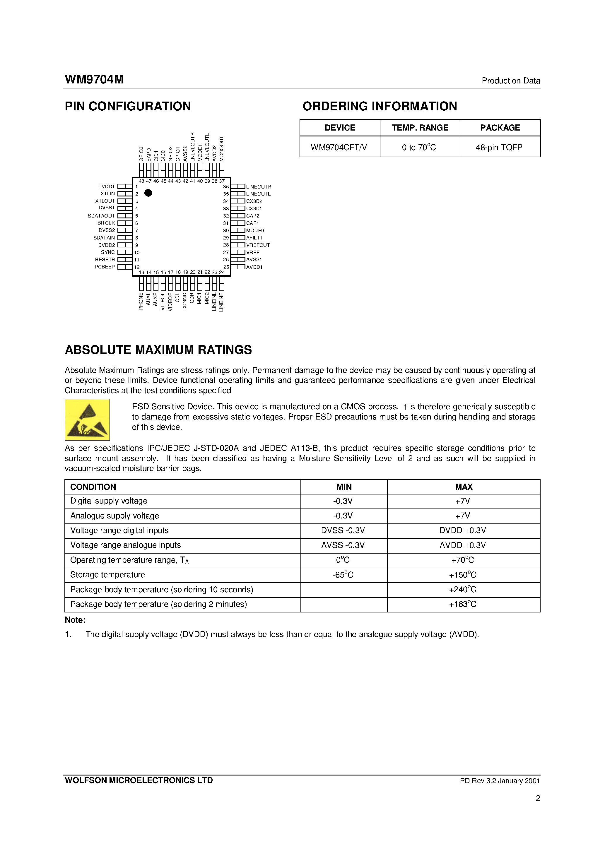 Datasheet WM9704CFT/V page 2 Datasheet WM9704CFT/V - 4-Channel Surround Sound Codec page 2