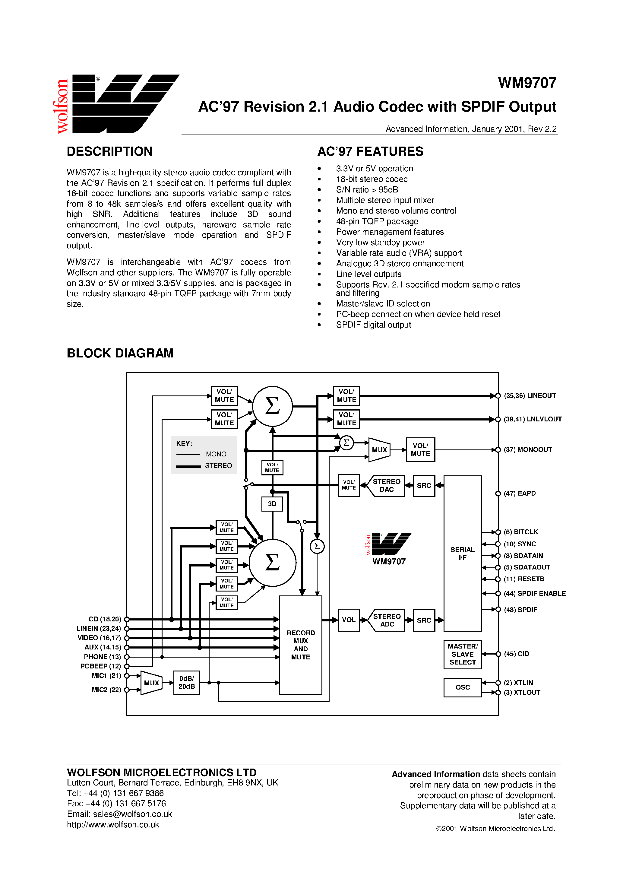 Datasheet WM9707 page 1 Datasheet WM9707 - AC97 Revision 2.1 Audio Codec with Spdif Output page 1