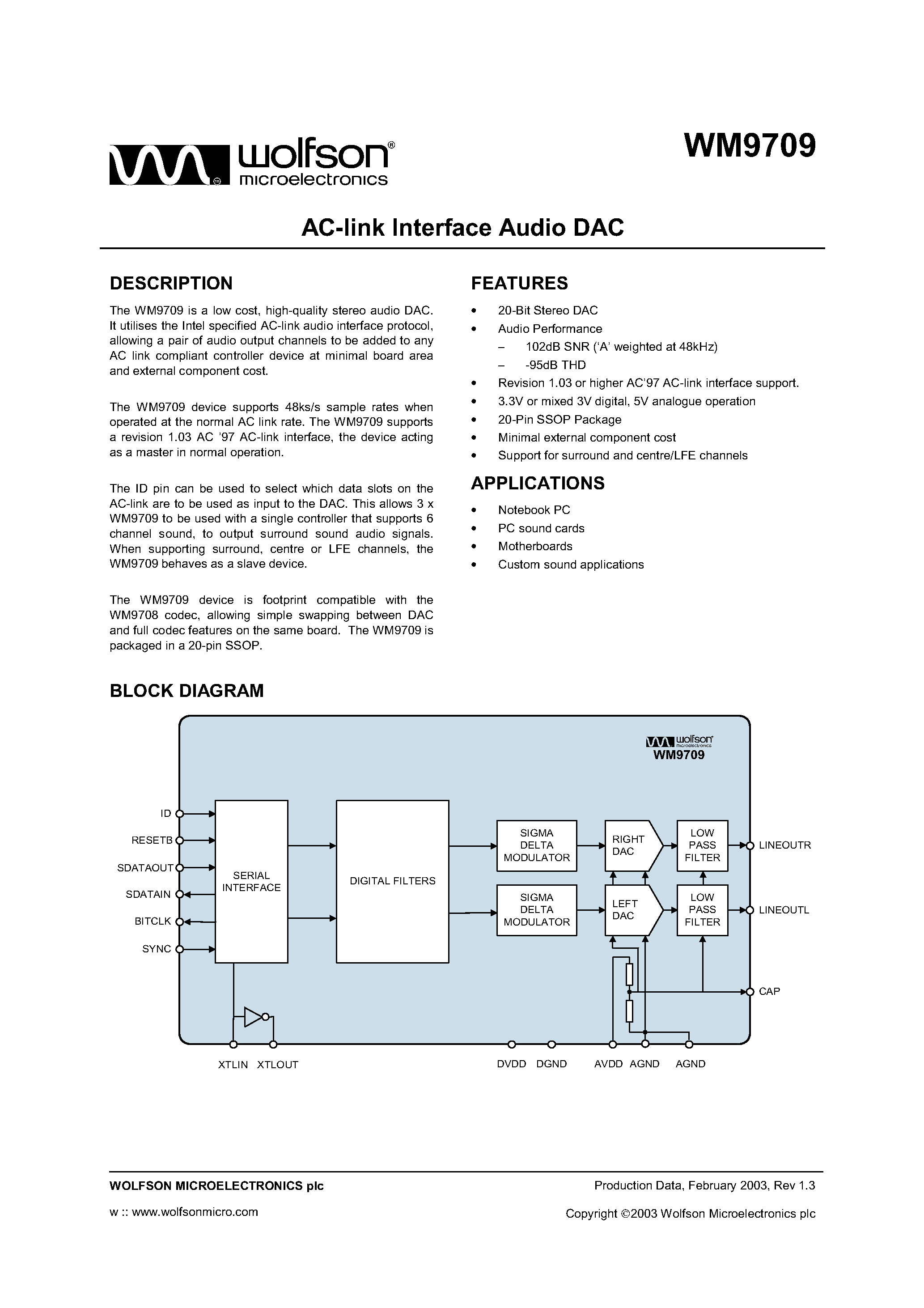 Datasheet WM9709 - AC LINK INTERFACE AUDIO DAC page 1