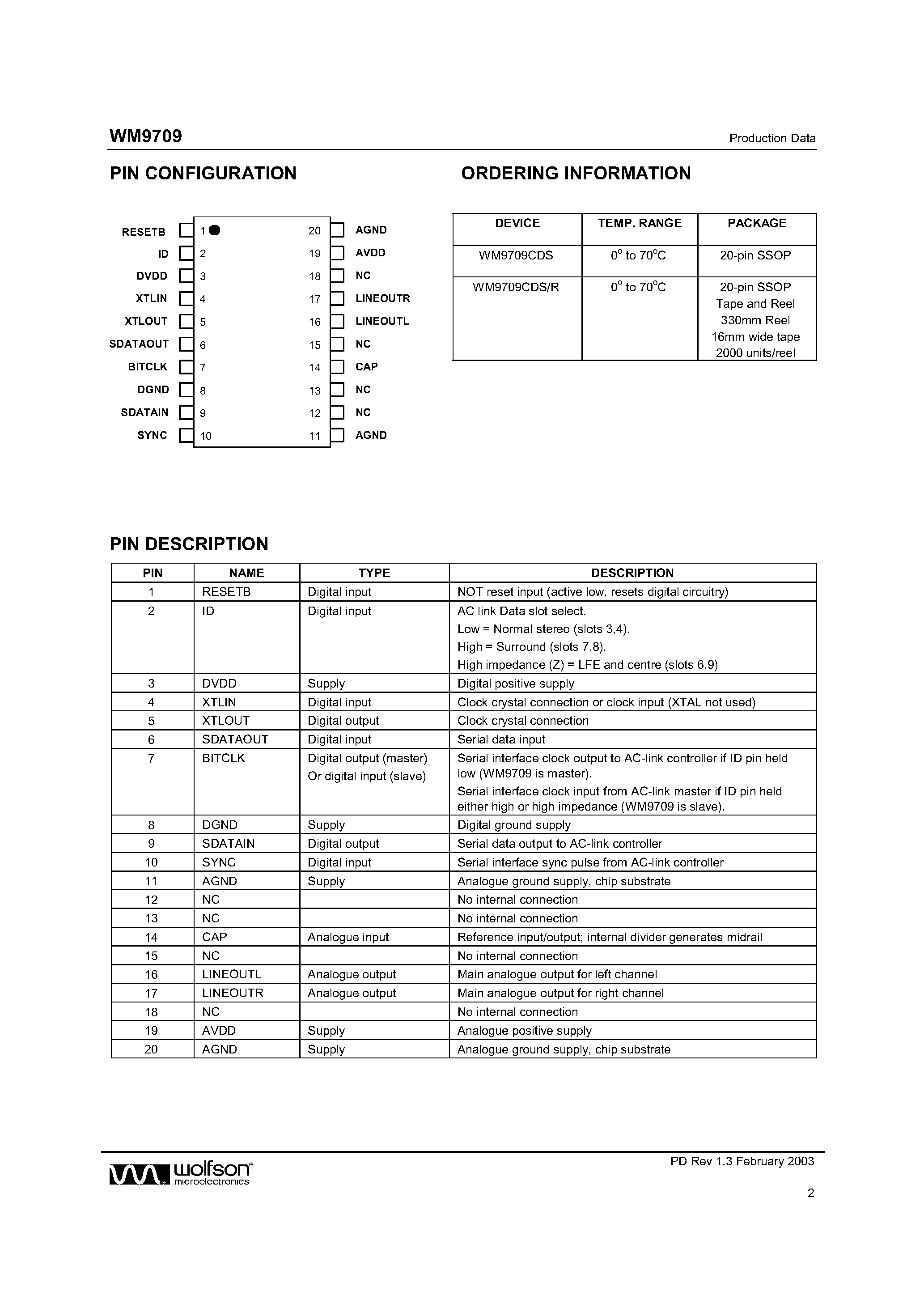 Datasheet WM9709 - AC LINK INTERFACE AUDIO DAC page 2