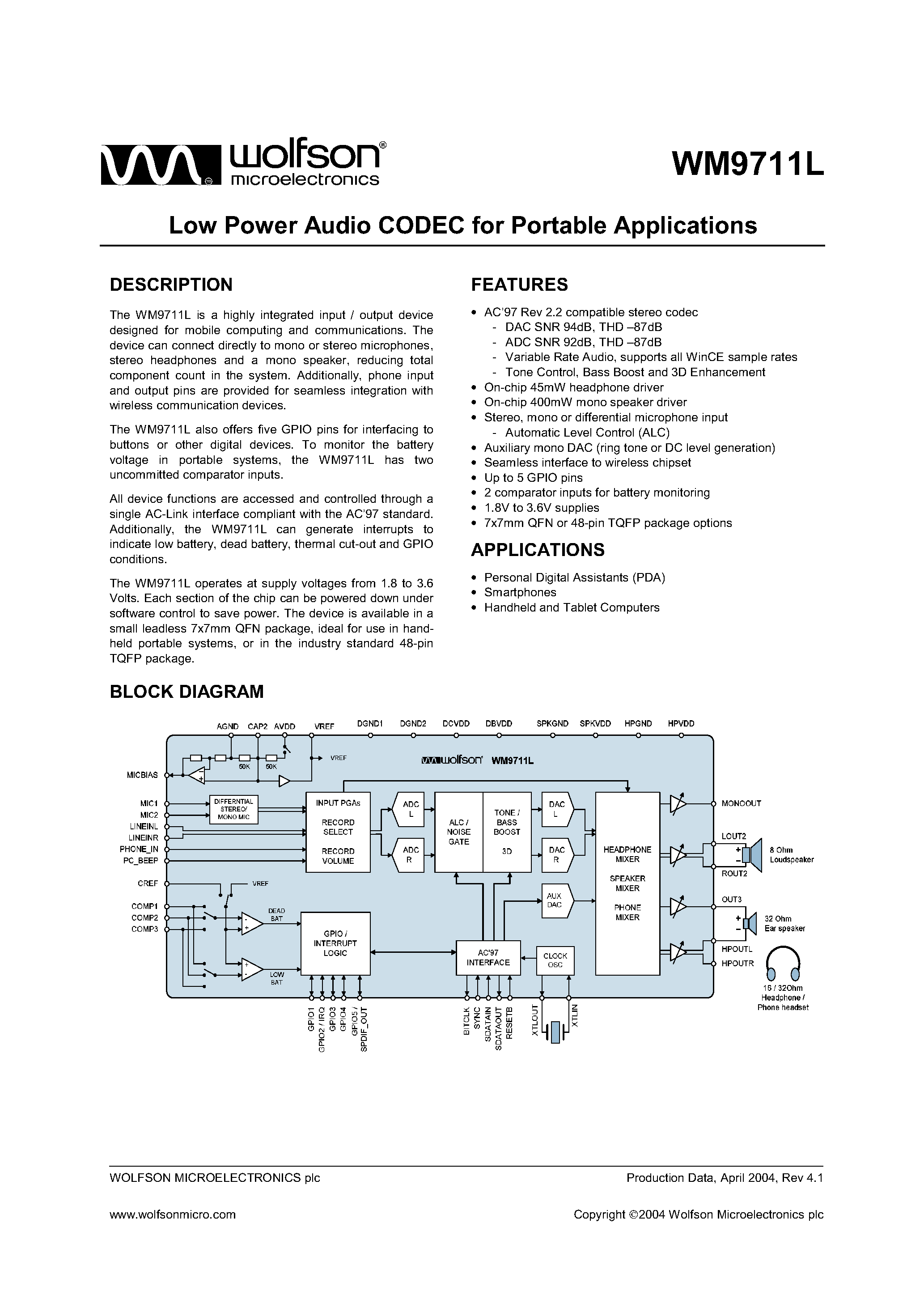 Datasheet WM9711L page 1 Datasheet WM9711L - LOW POWER AUDIO CODEC FOR PORTABLE APPLICATIONS page 1