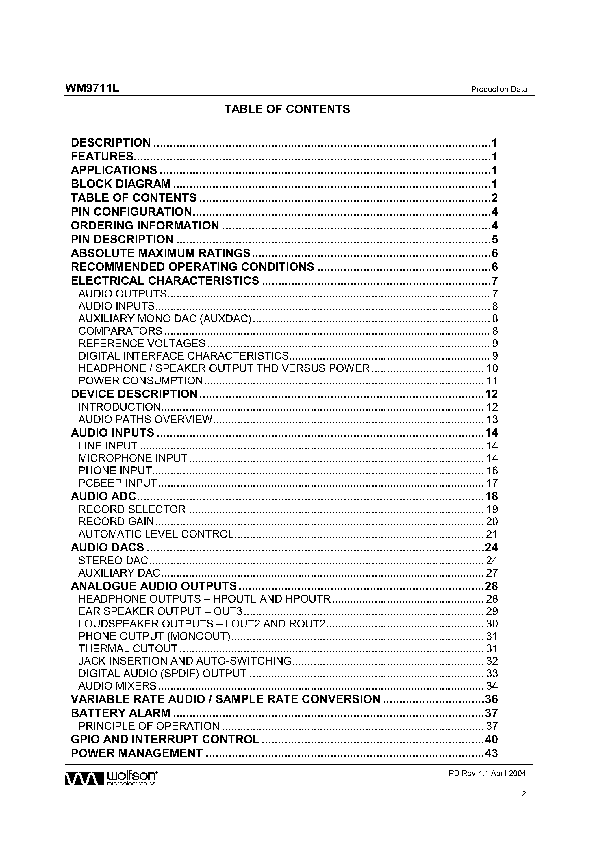 Datasheet WM9711L page 2 Datasheet WM9711L - LOW POWER AUDIO CODEC FOR PORTABLE APPLICATIONS page 2