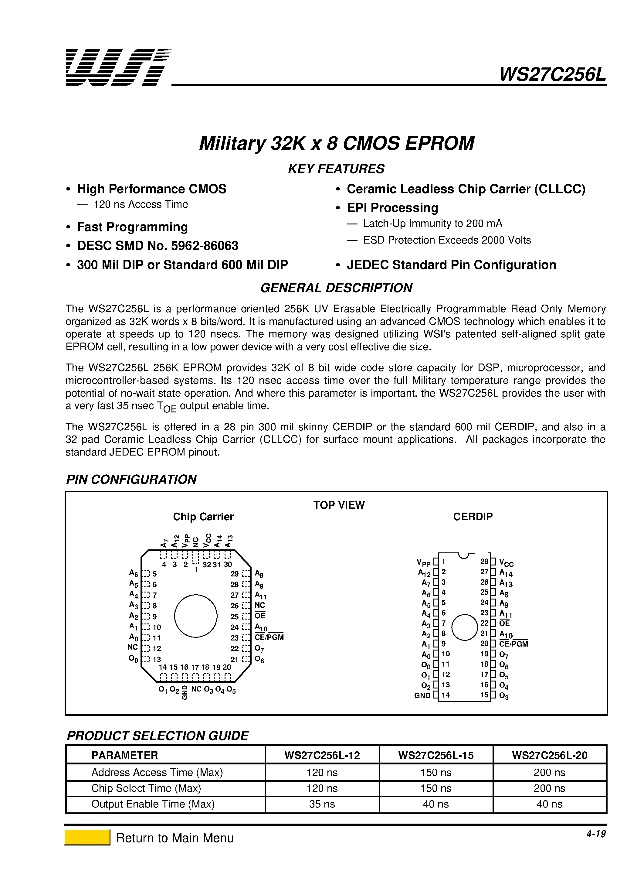 Даташит WS27C256L-12 - Military 32K x 8 CMOS EPROM страница 1