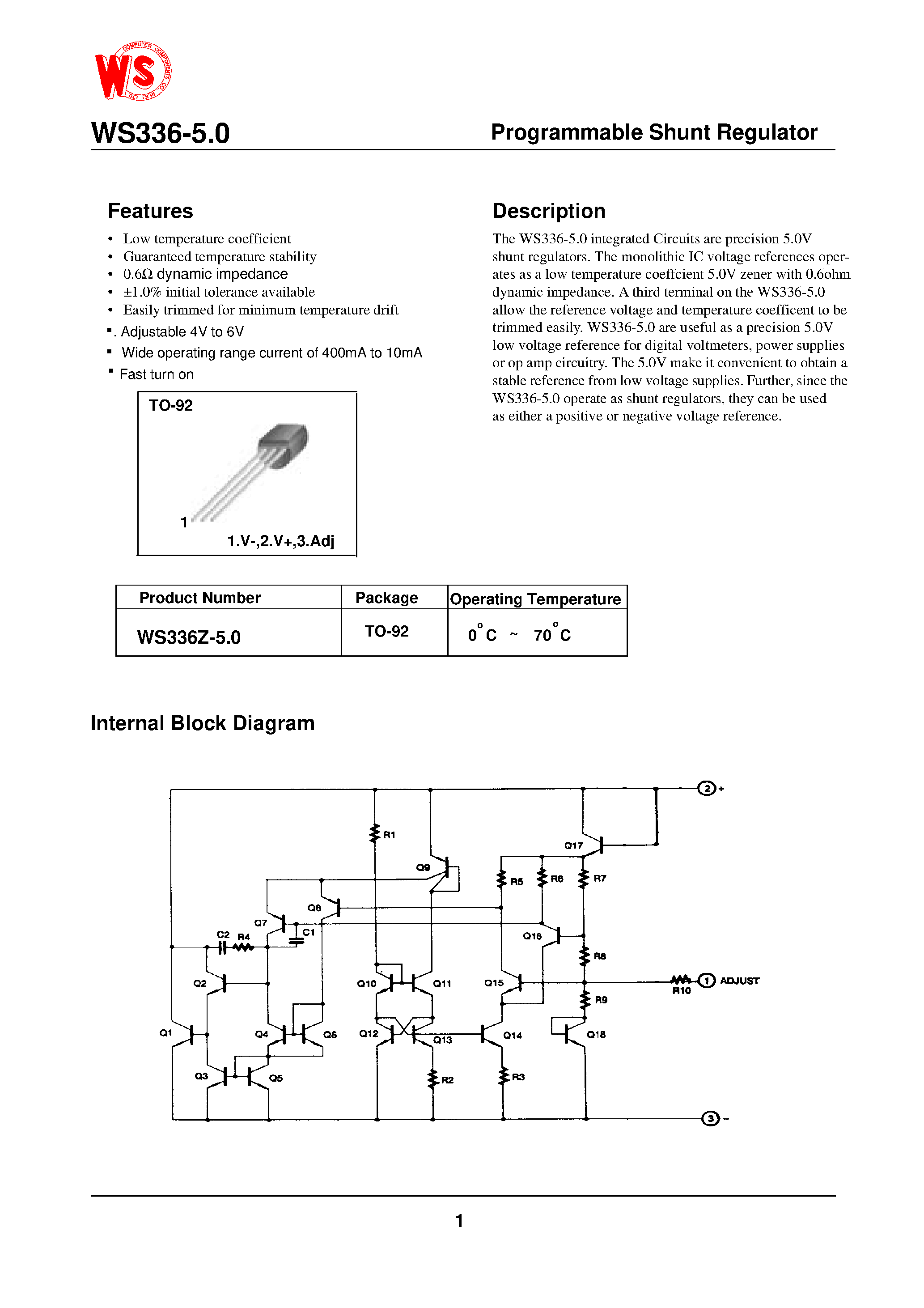 Datasheet WS336-5.0 - Programmable Shunt Regulator page 1