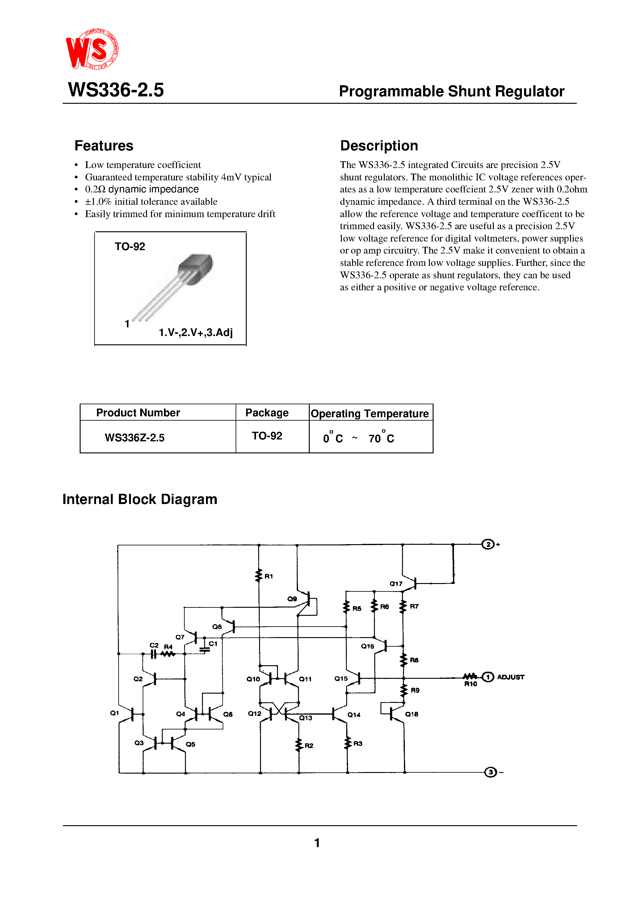 Datasheet WS336Z-2.5 - Programmable Shunt Regulator page 1