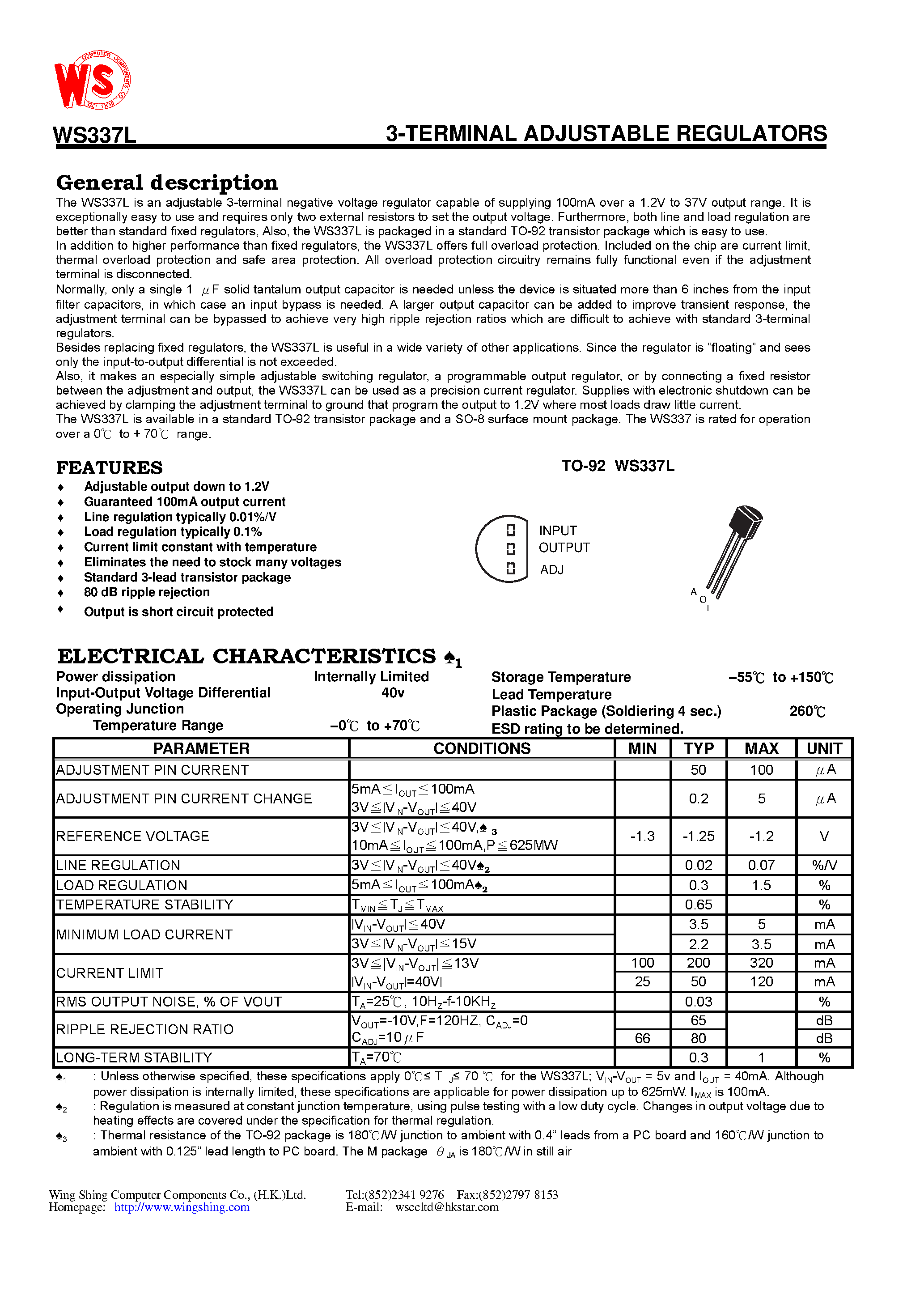 Datasheet WS337 - 3-TERMINAL ADJUSTABLE REGULATORS page 1