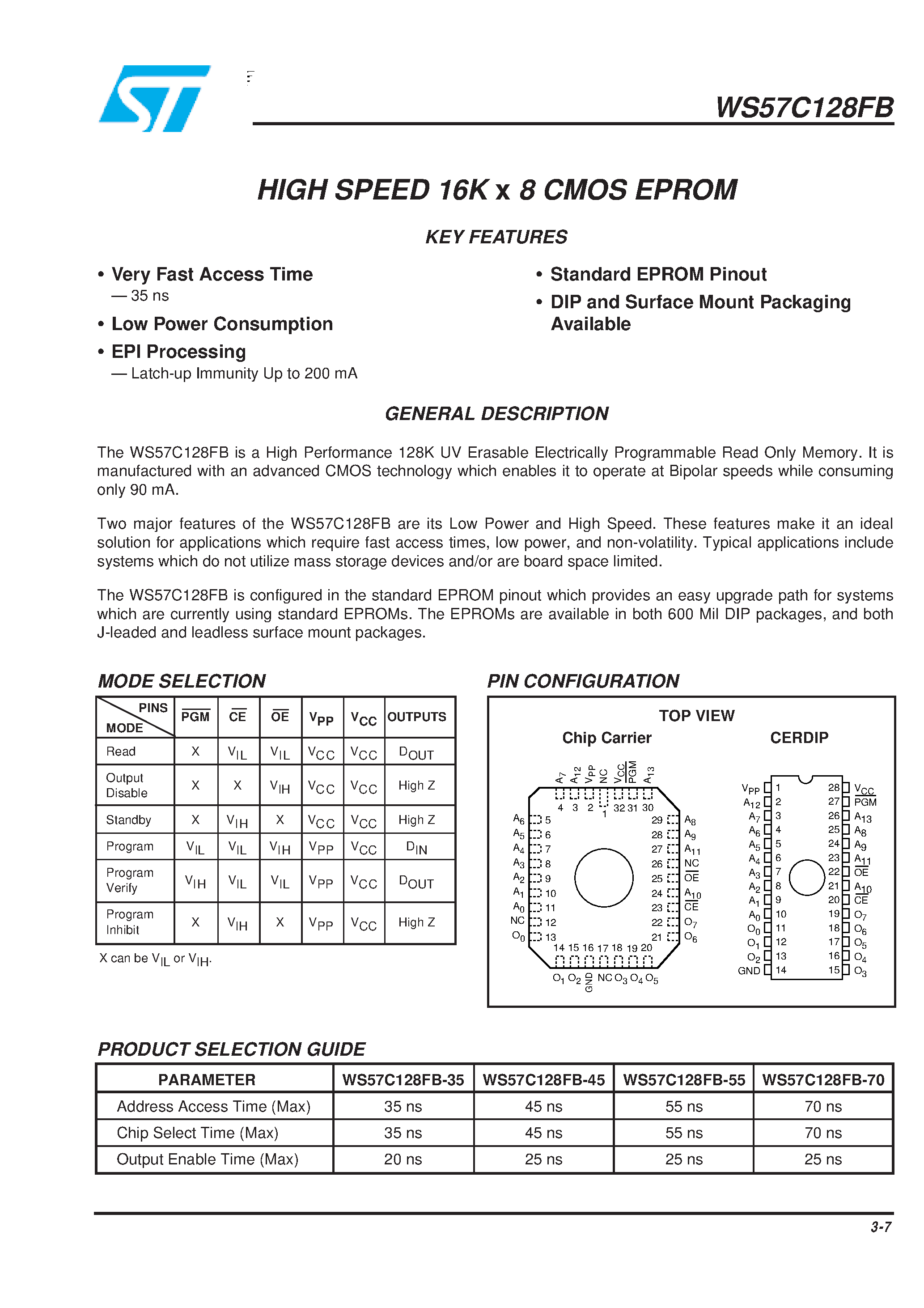Datasheet WS57C128FB-55D - HIGH SPEED 16K x 8 CMOS EPROM page 1