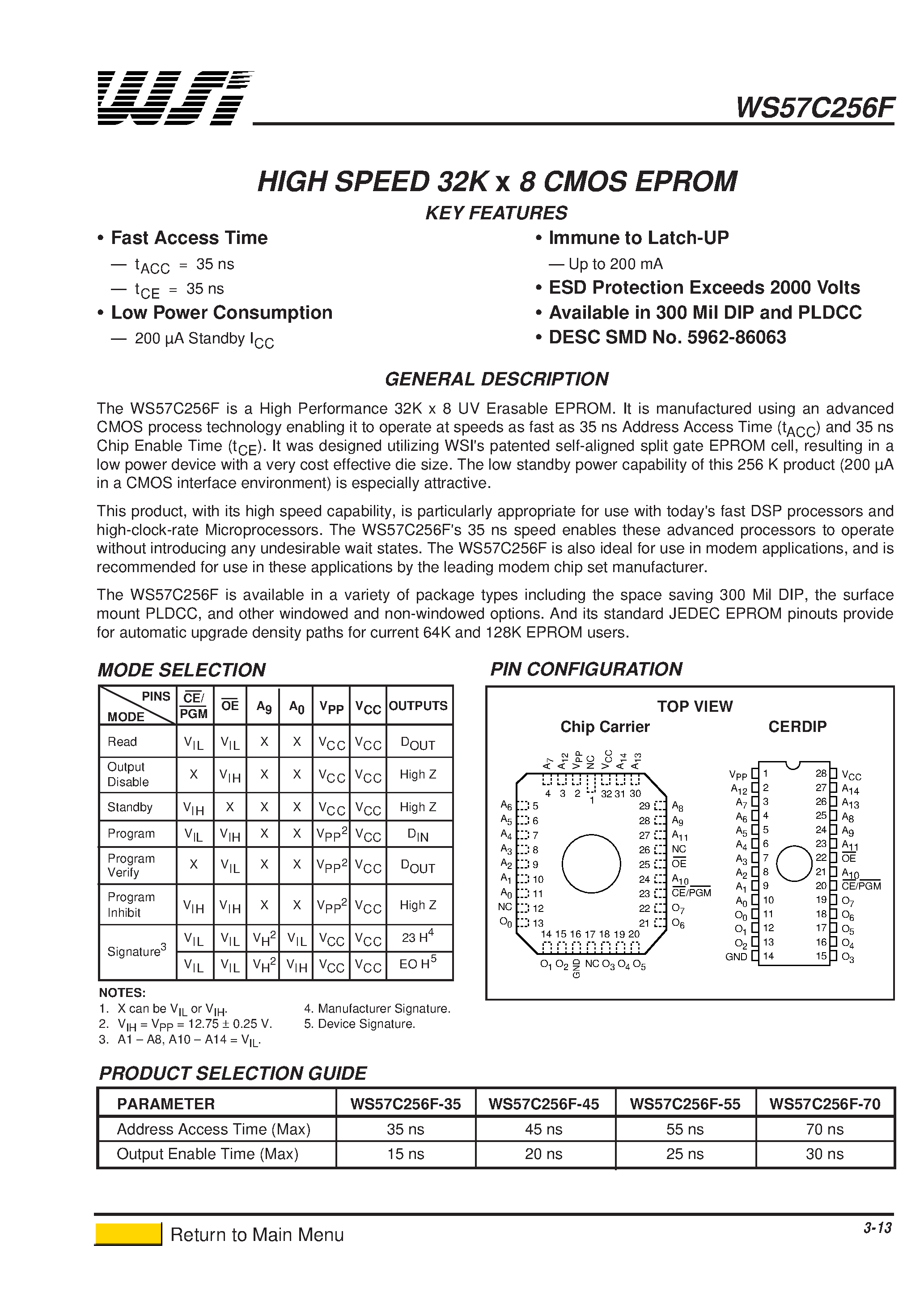 Datasheet WS57C256F-35 - HIGH SPEED 32K x 8 CMOS EPROM page 1