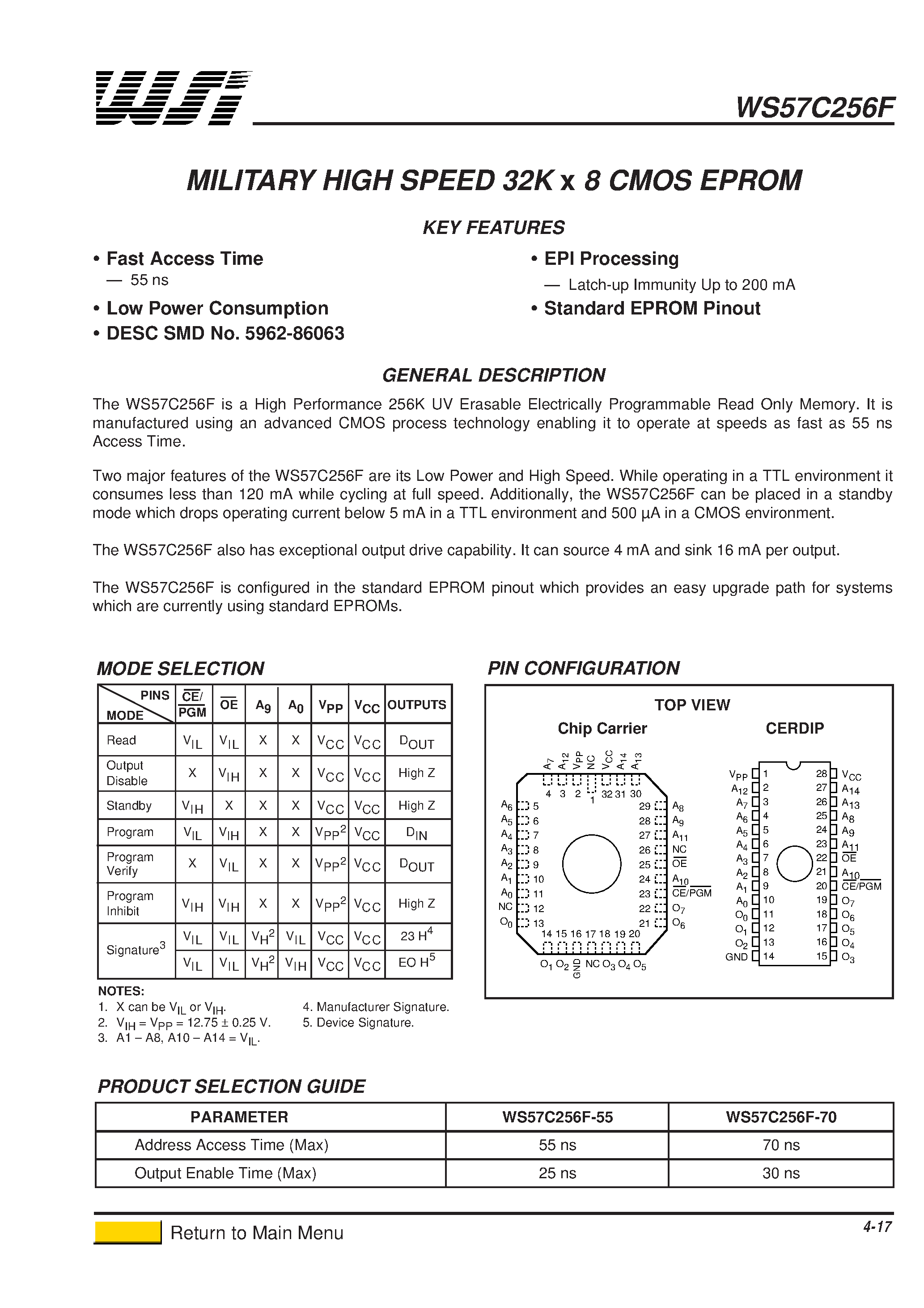 Даташит на микросхему WS57C256F-70DMB страница 1 Даташит WS57C256F-70DMB - HIGH SPEED 32K x 8 CMOS EPROM страница 1