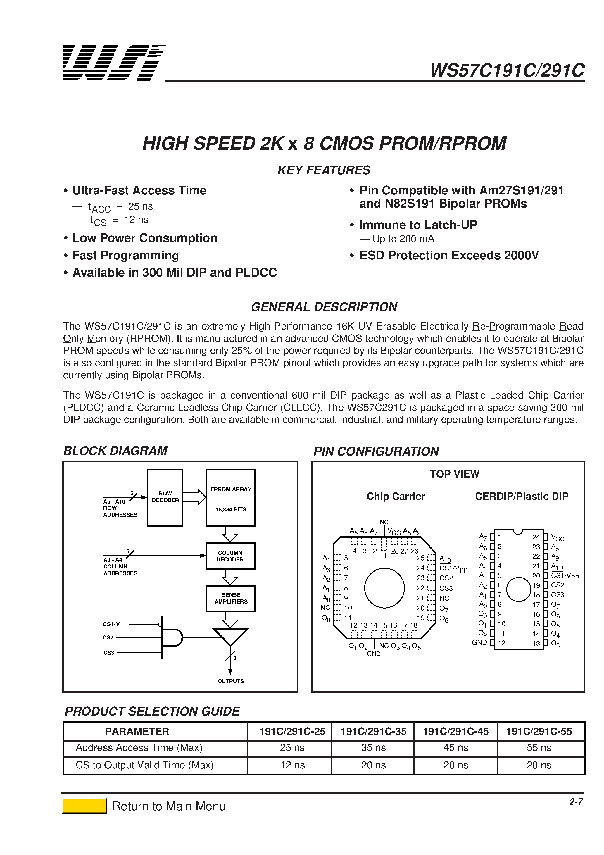 Datasheet WS57C291C-25 page 1 Datasheet WS57C291C-25 - HIGH SPEED 2K x 8 CMOS PROM/RPROM page 1