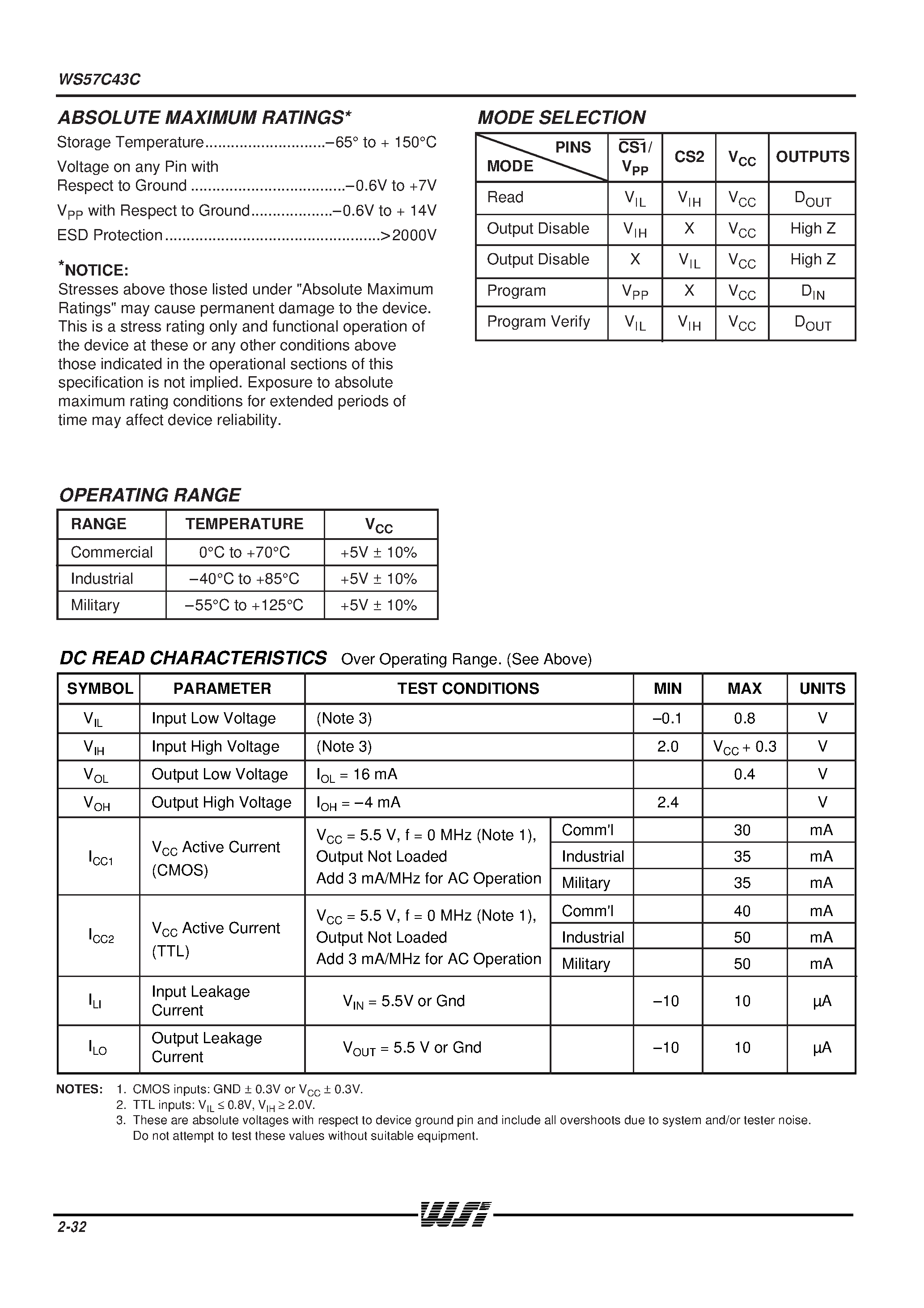 Datasheet WS57C43C-25D - HIGH SPEED 4K x 8 CMOS PROM/RPROM page 2