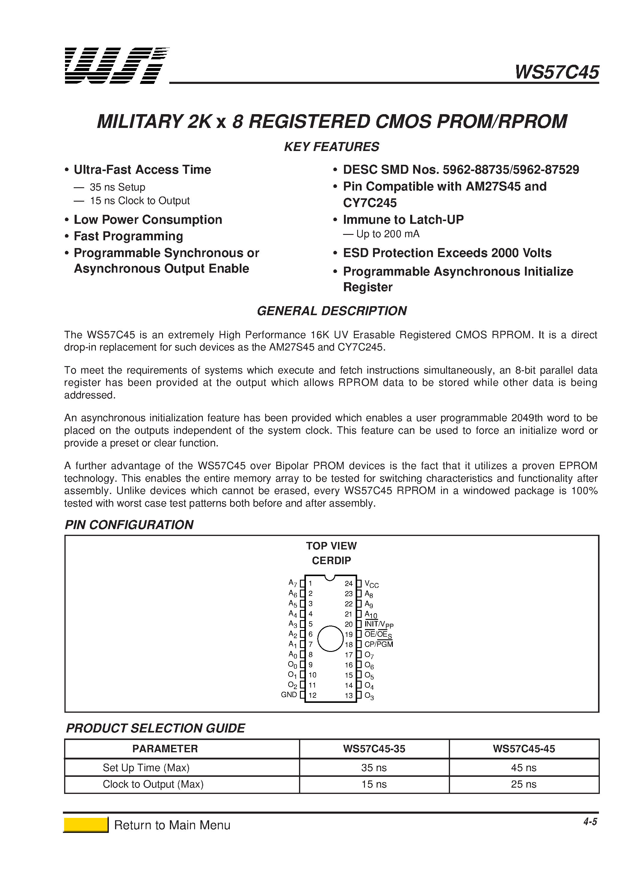 Datasheet WS57C45-45KMB - HIGH-SPEED 2K x 8 REGISTERED CMOS PROM/RPROM page 1