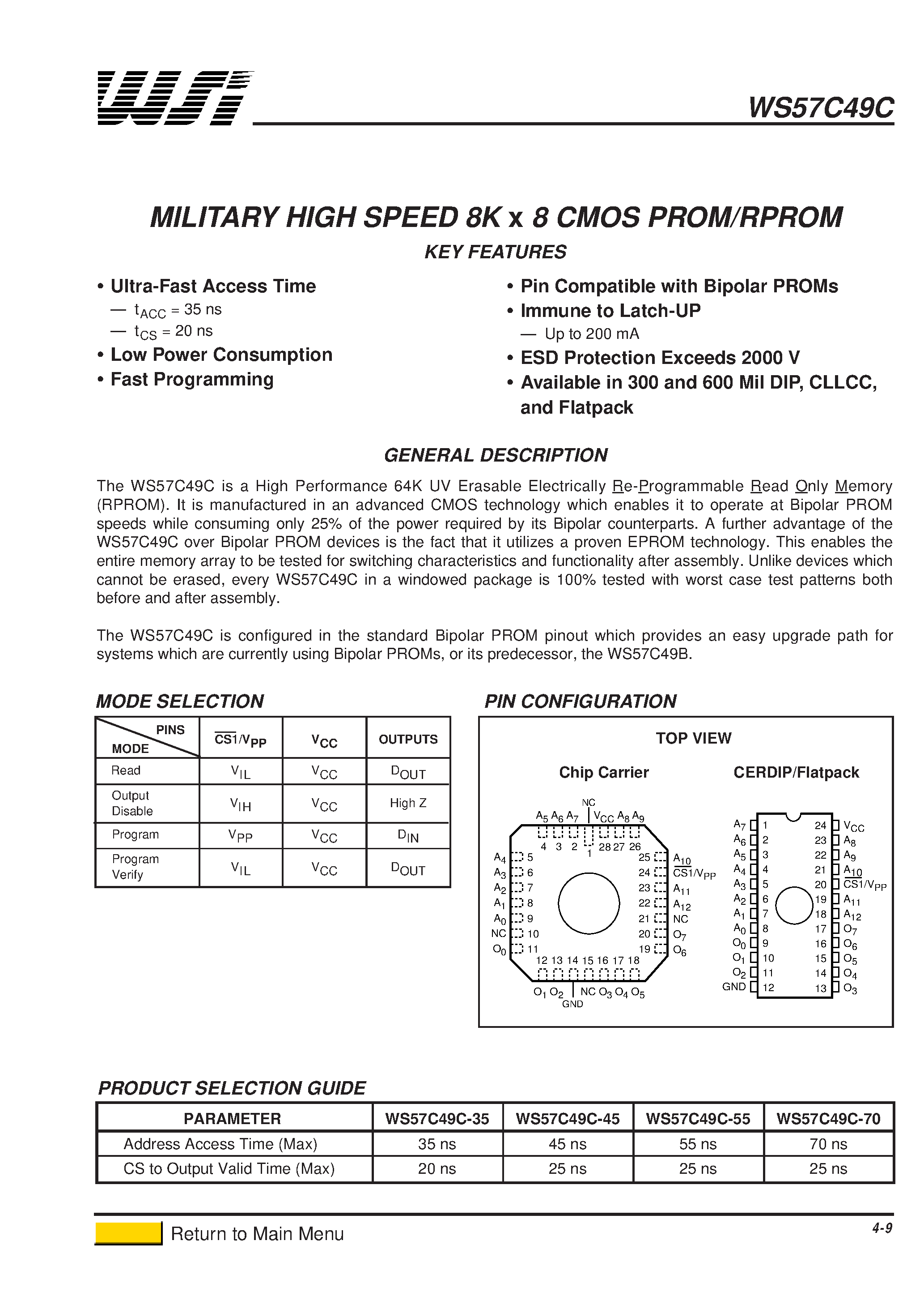 Datasheet WS57C49C-1 - MILITARY HIGH SPEED 8K x 8 CMOS PROM/RPROM page 1