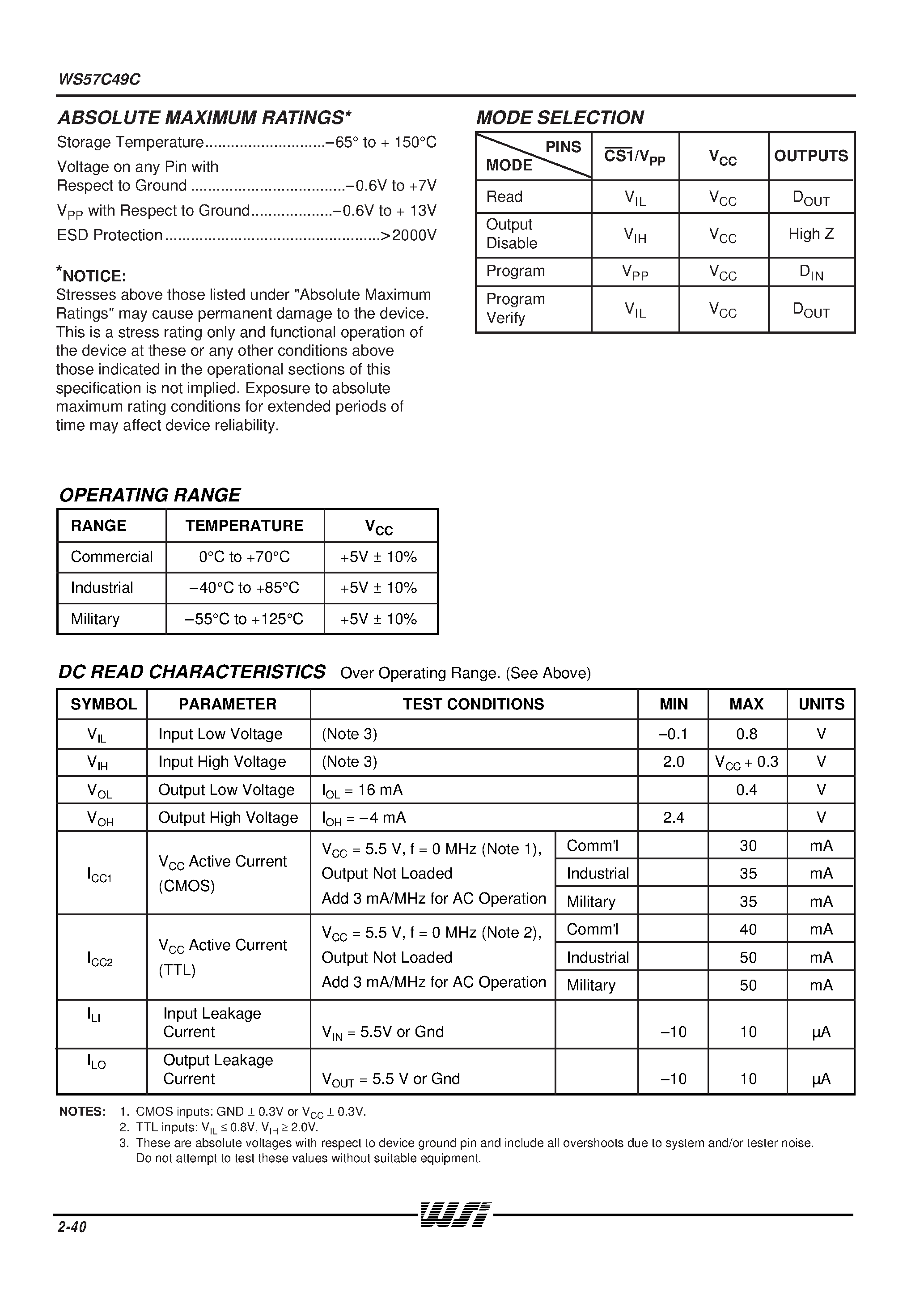 Datasheet WS57C49C-45TI - HIGH SPEED 8K x 8 CMOS PROM/RPROM page 2