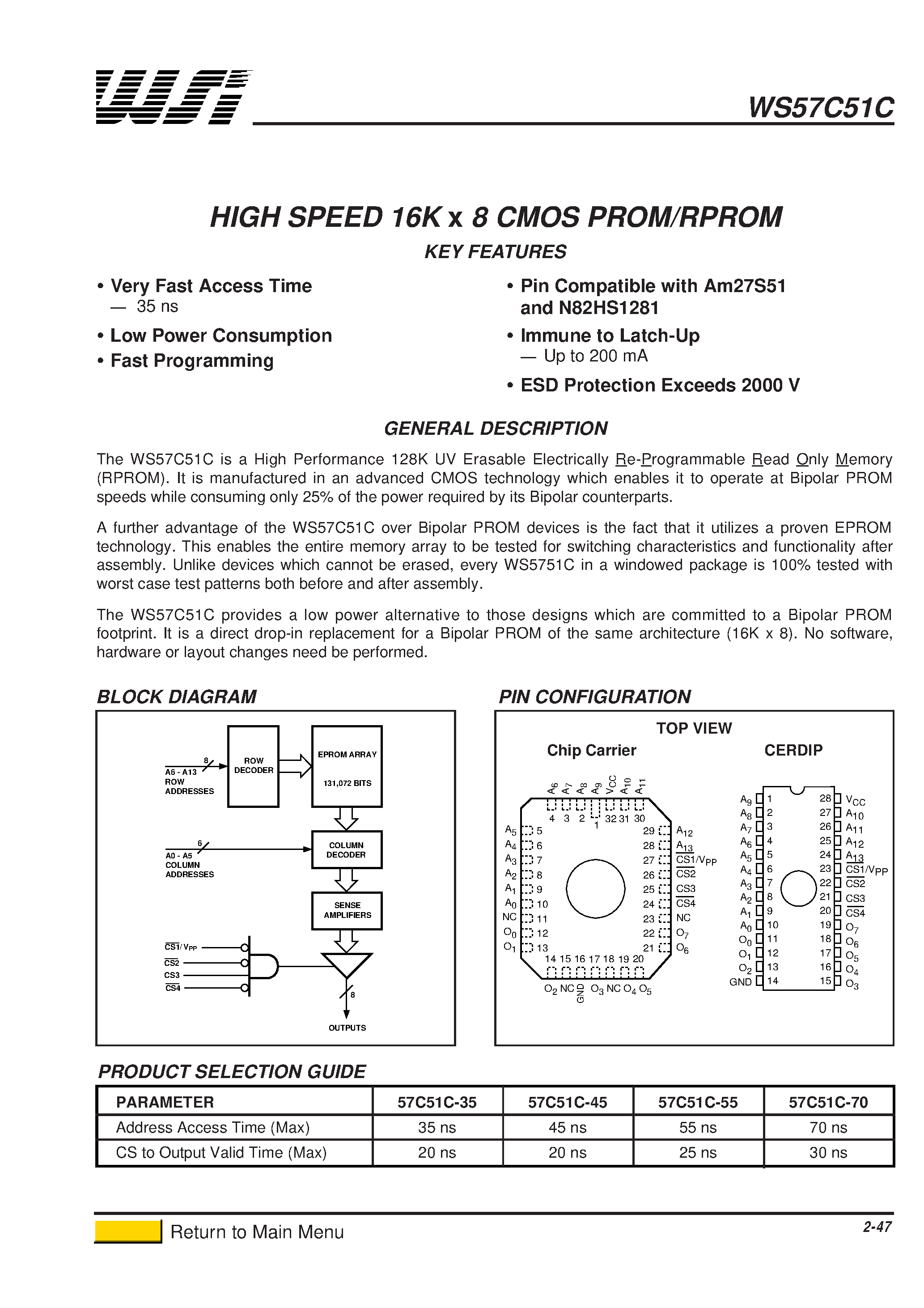 Datasheet WS57C51C-45JI page 1 Datasheet WS57C51C-45JI - HIGH SPEED 16K x 8 CMOS PROM/RPROM page 1