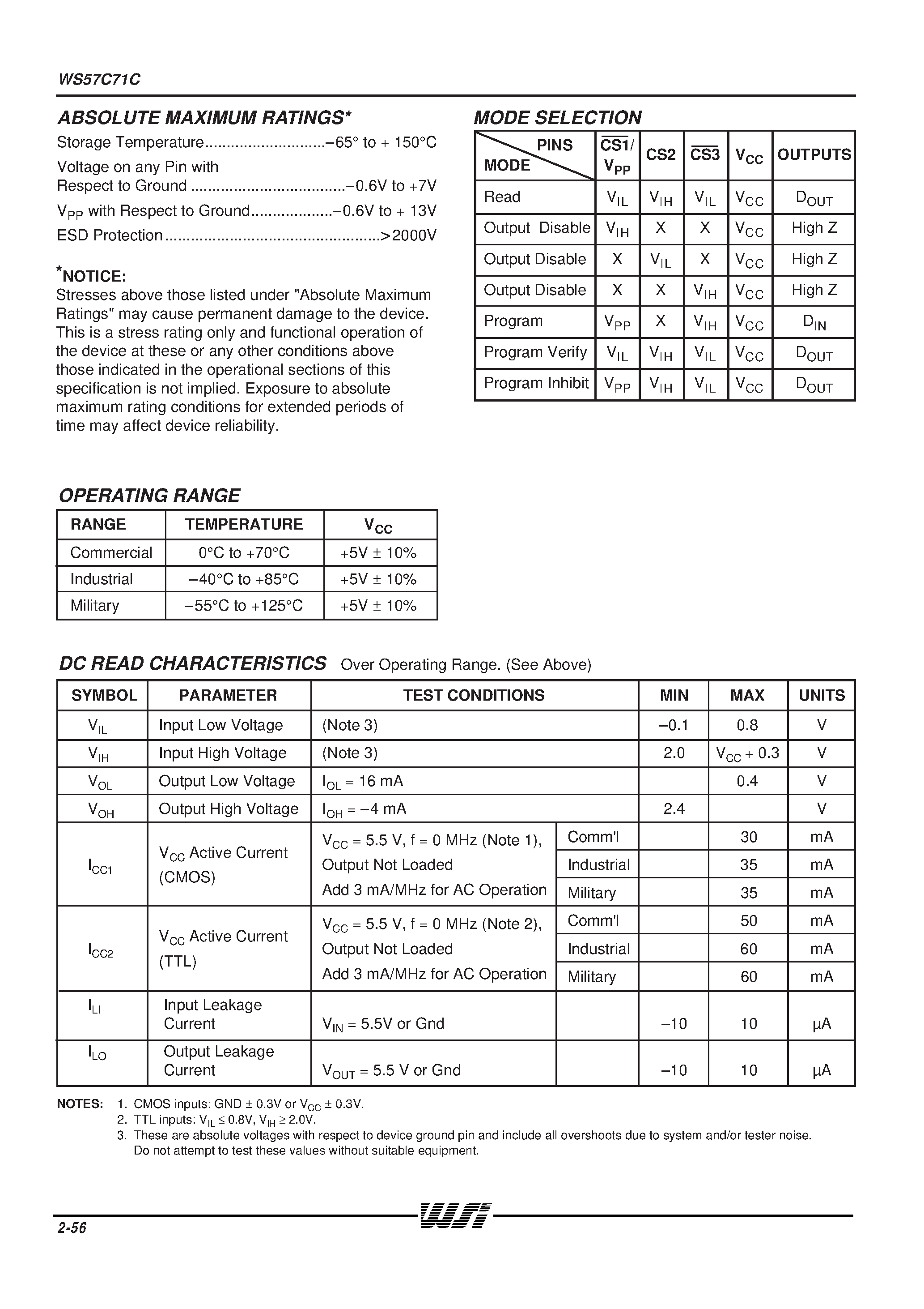 Datasheet WS57C71C - MILITARY HIGH SPEED 32K x 8 CMOS PROM/RPROM page 2
