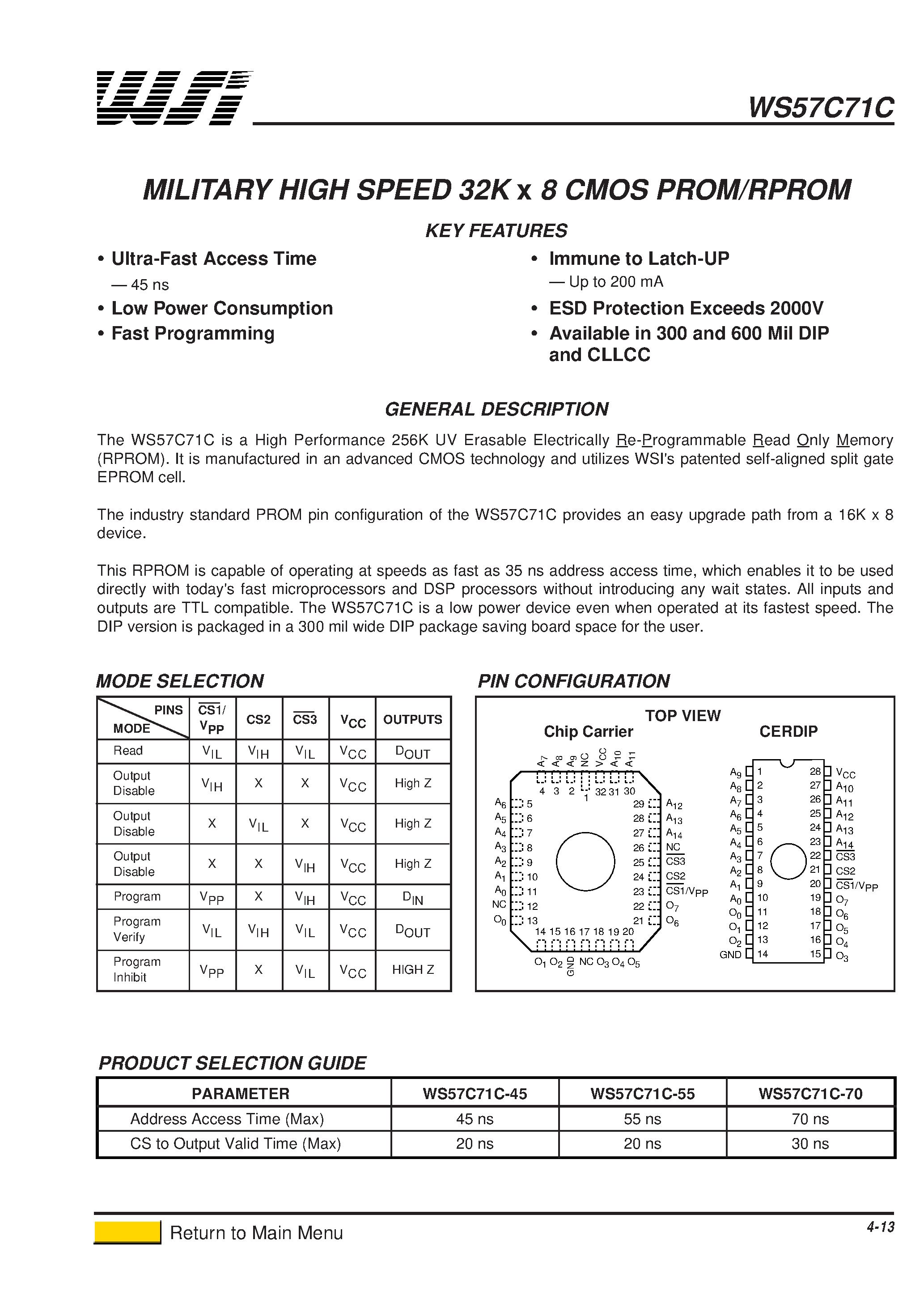 Datasheet WS57C71C-55CMB page 1 Datasheet WS57C71C-55CMB - HIGH SPEED 32K x 8 CMOS PROM/RPROM page 1