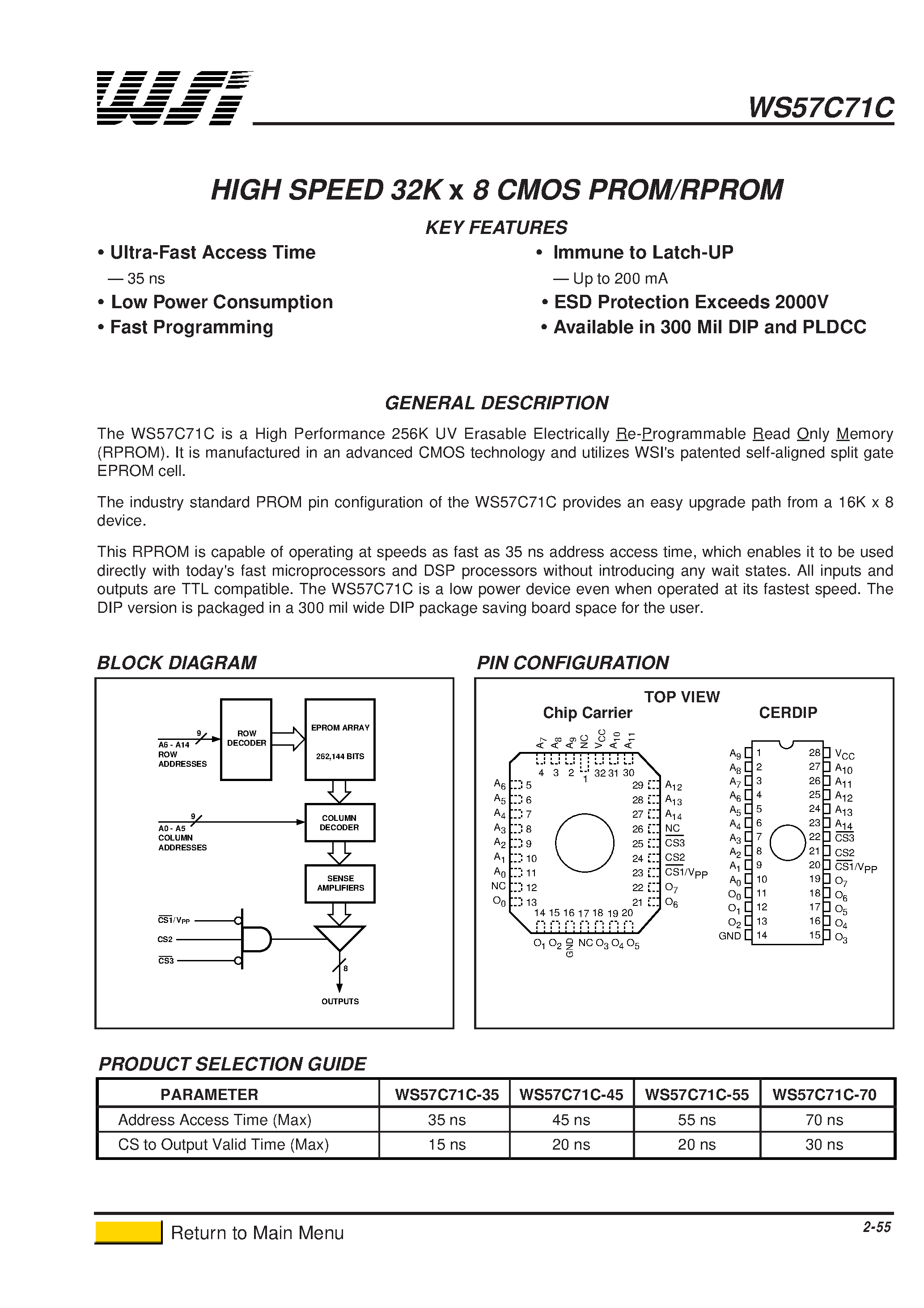 Datasheet WS57C71C-55D page 1 Datasheet WS57C71C-55D - HIGH SPEED 32K x 8 CMOS PROM/RPROM page 1