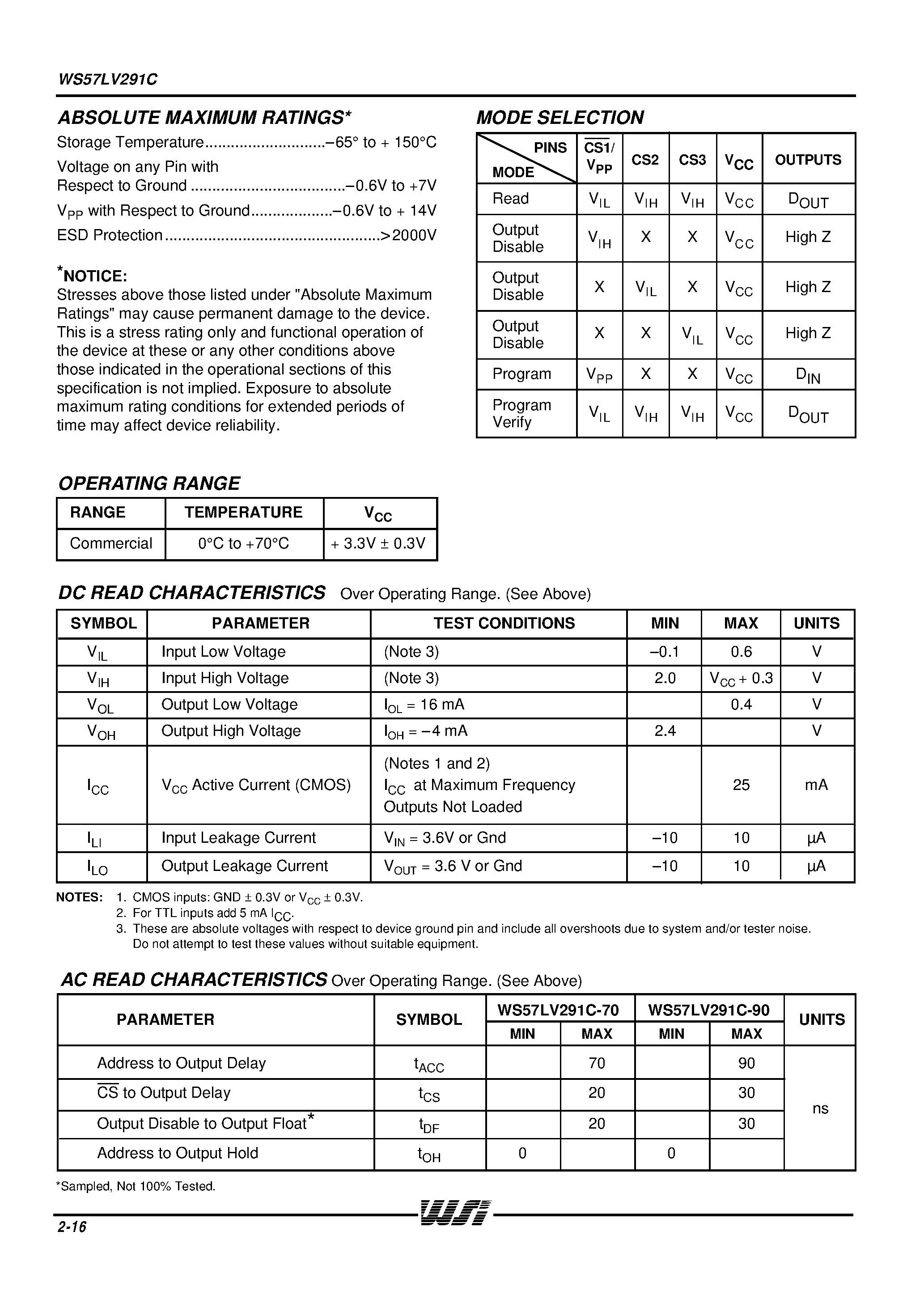 Datasheet WS57LV291C-90T - HIGH SPEED 3.3 VOLT 2K x 8 CMOS PROM/RPROM page 2
