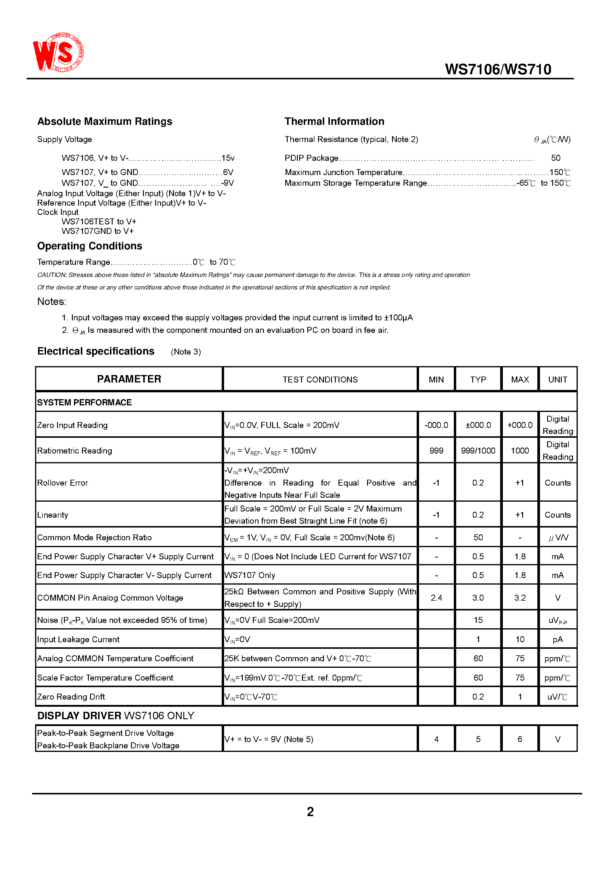 Даташит на микросхему WS7107CPL страница 2 Даташит WS7107CPL - 3 Digit LCD/LED Display A/D Converters страница 2