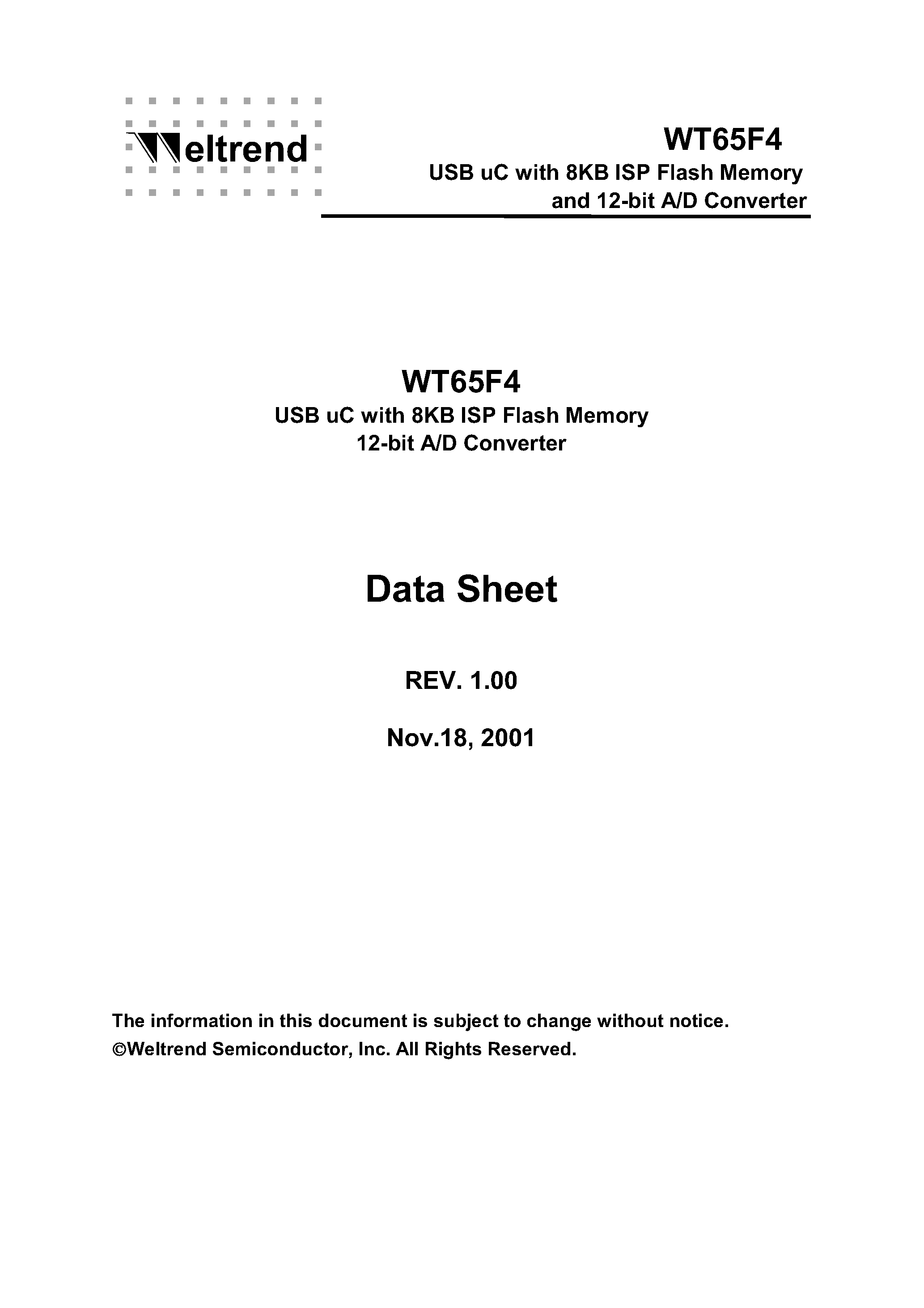 Datasheet WT65F4 - USB uC with 8KB ISP Flash Memory and 12-bit A/D Converter page 1