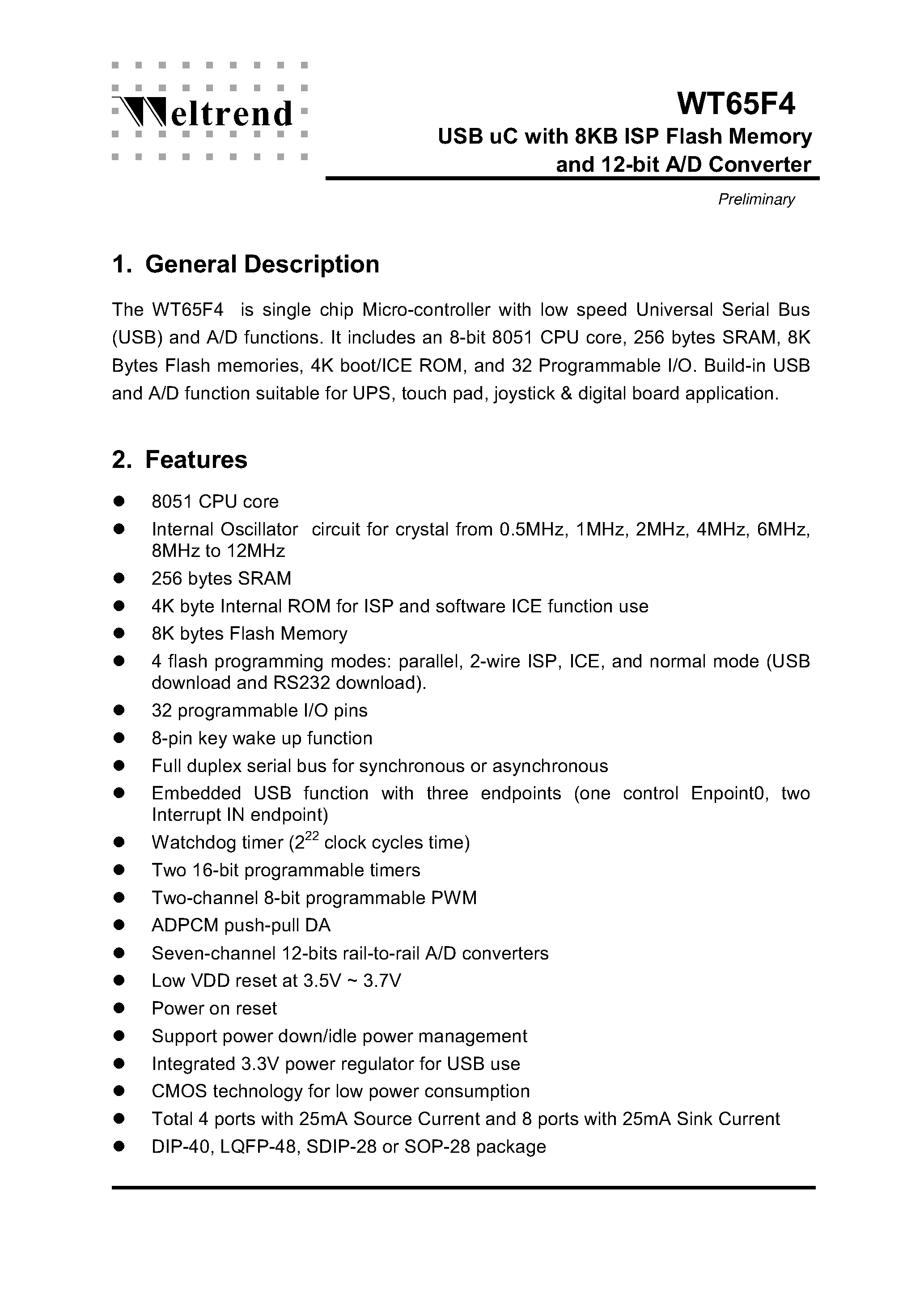 Datasheet WT65F4 - USB uC with 8KB ISP Flash Memory and 12-bit A/D Converter page 2