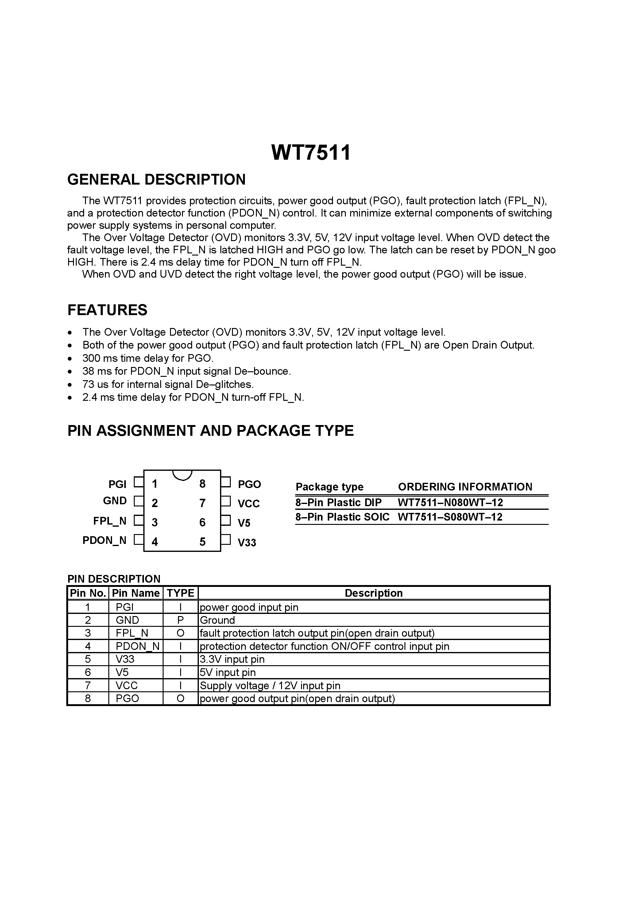 Datasheet WT7511 - protection circuits/ power good output (PGO)/ fault protection latch (FPL_N) and a protection detector function (PDON_N) control page 1