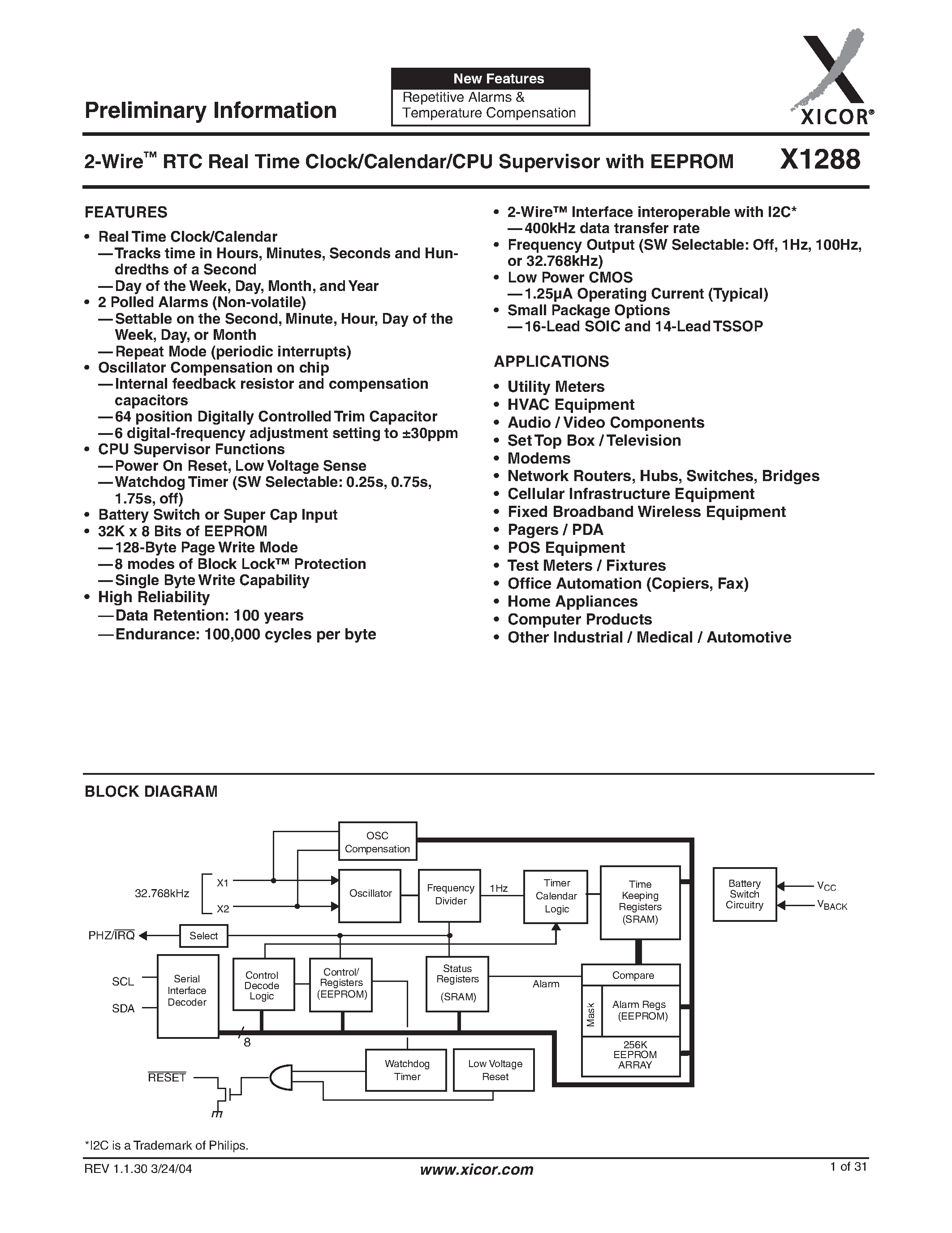 Datasheet X1288 page 1 Datasheet X1288 - 2-Wire RTC Real Time Clock/Calendar/CPU Supervisor with EEPROM page 1