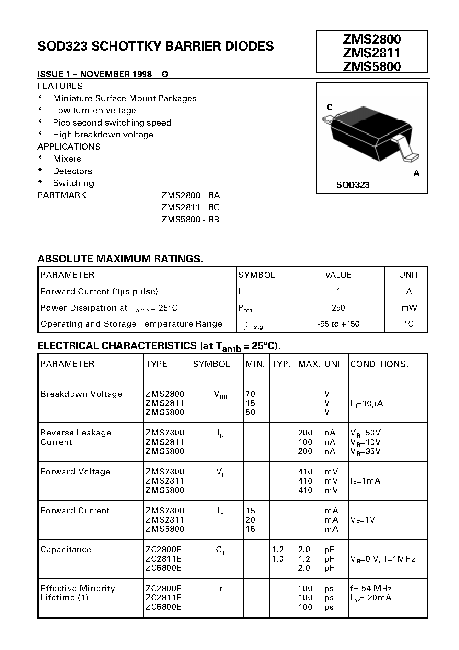Datasheet ZMS2800 - SCHOTTKY BARRIER DIODES page 1