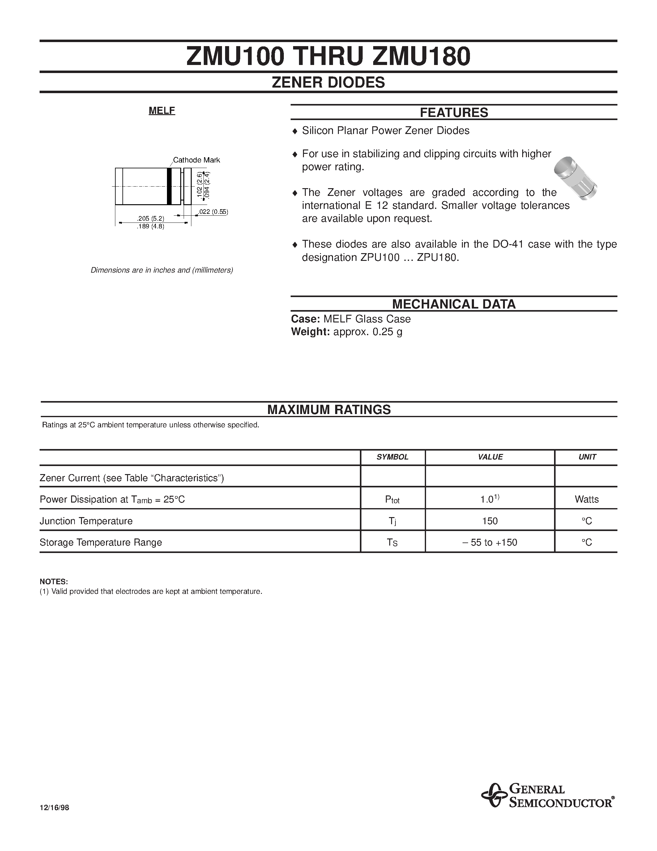 Datasheet ZMU100 page 1 Datasheet ZMU100 - ZENER DIODES page 1