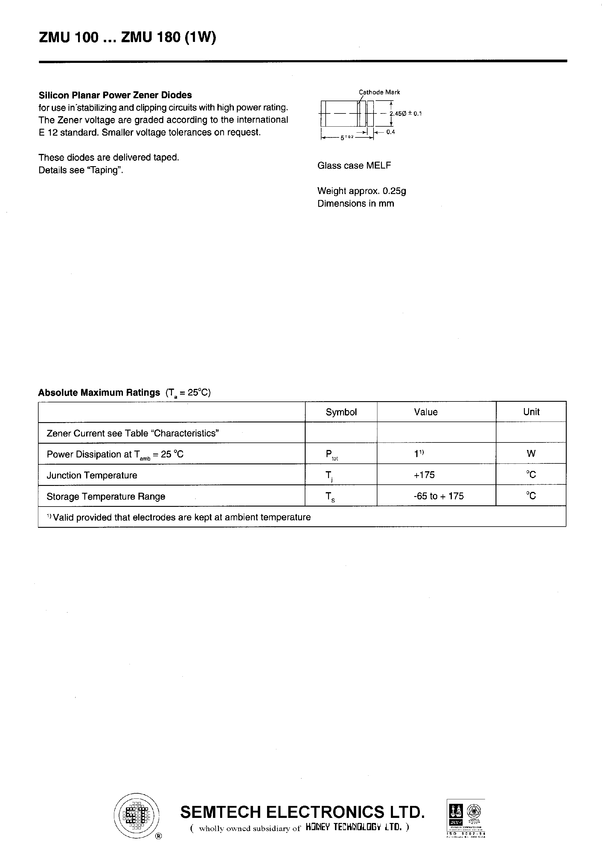 Datasheet ZMU150 - SILICON PLANAR POWER ZENER DIODES page 1