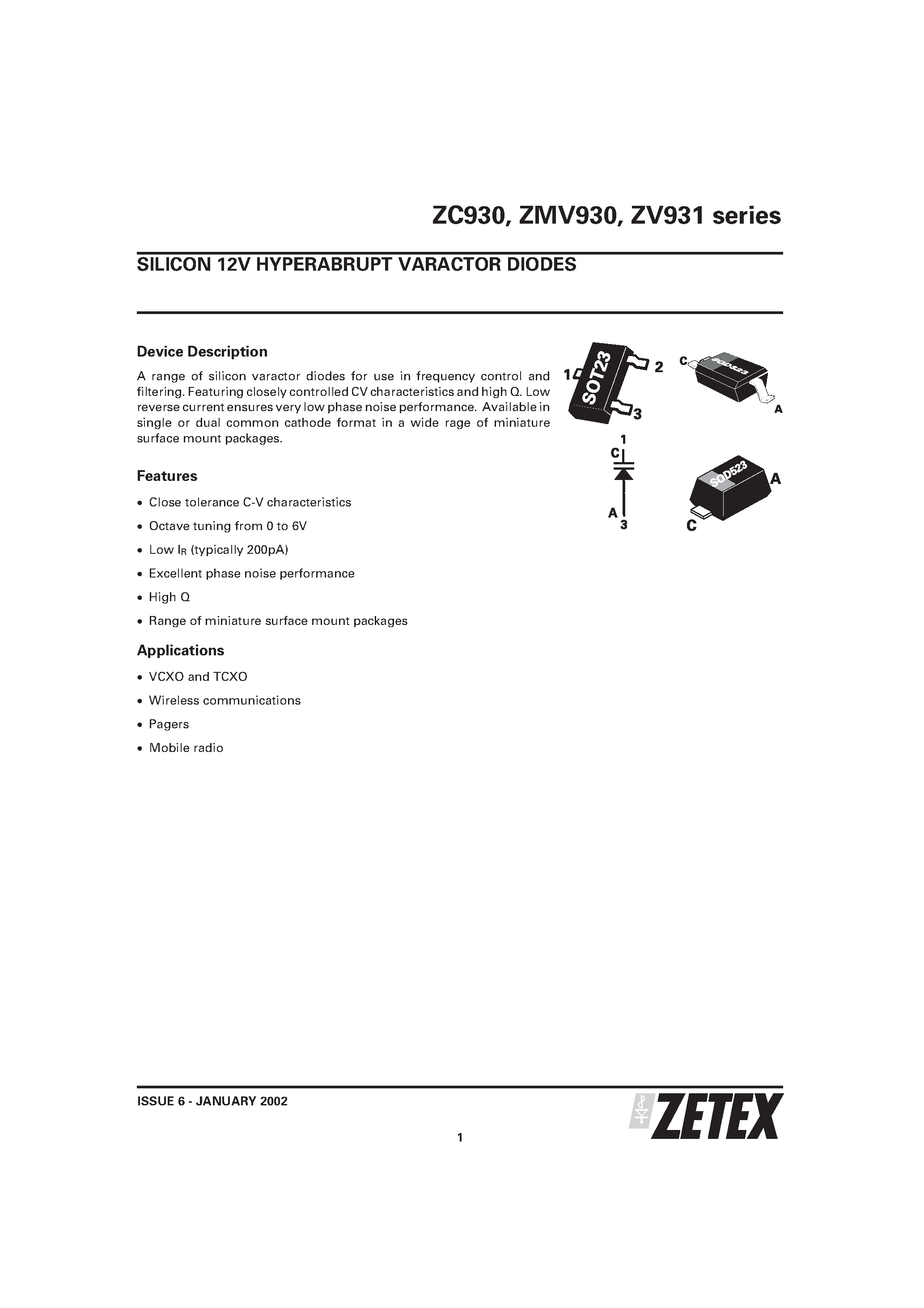 Datasheet ZMV933TA - SILICON 12V HYPERABRUPT VARACTOR DIODES page 1