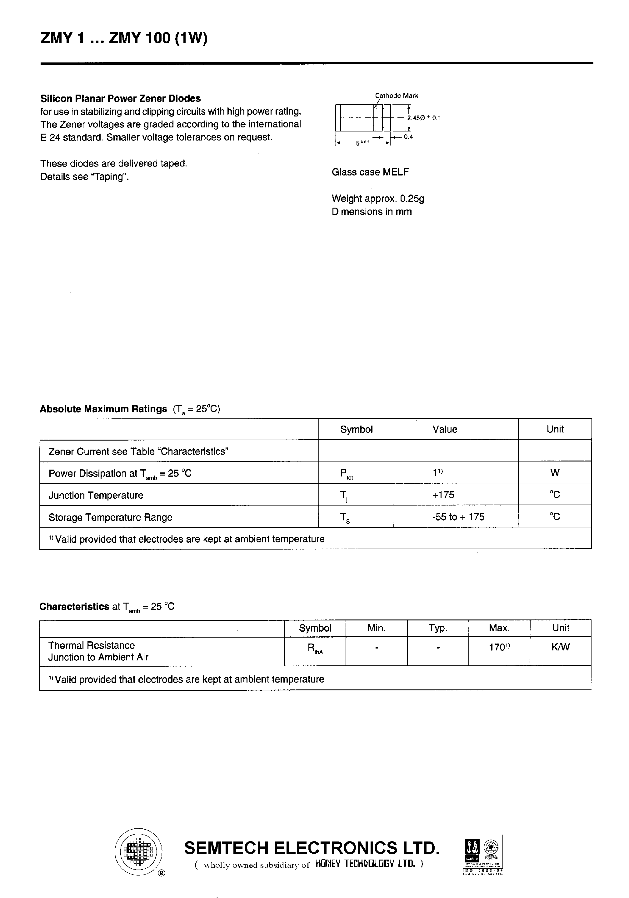 Datasheet ZMY13 - SILICON PLANAR POWER ZENER DIODES page 1