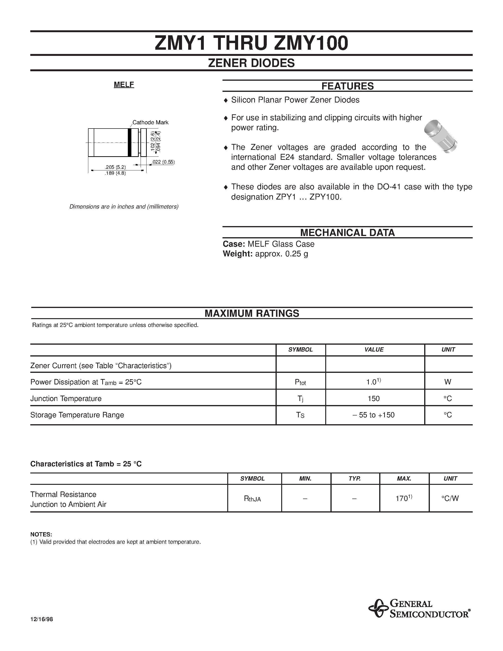 Datasheet ZMY3.9 - ZENER DIODES page 1
