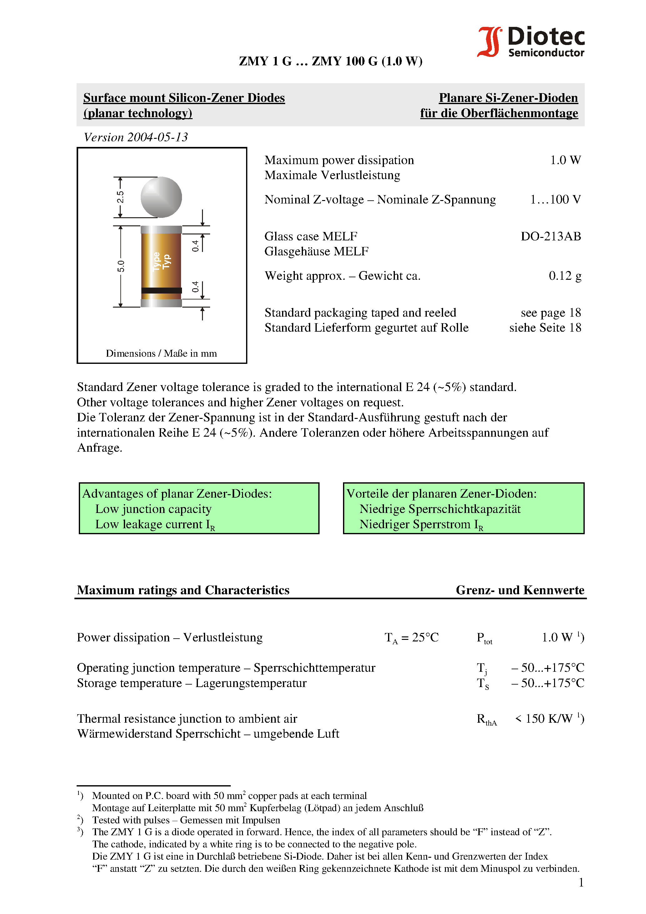 Datasheet ZMY62G - Surface mount Silicon-Zener Diodes (planar technology) page 1