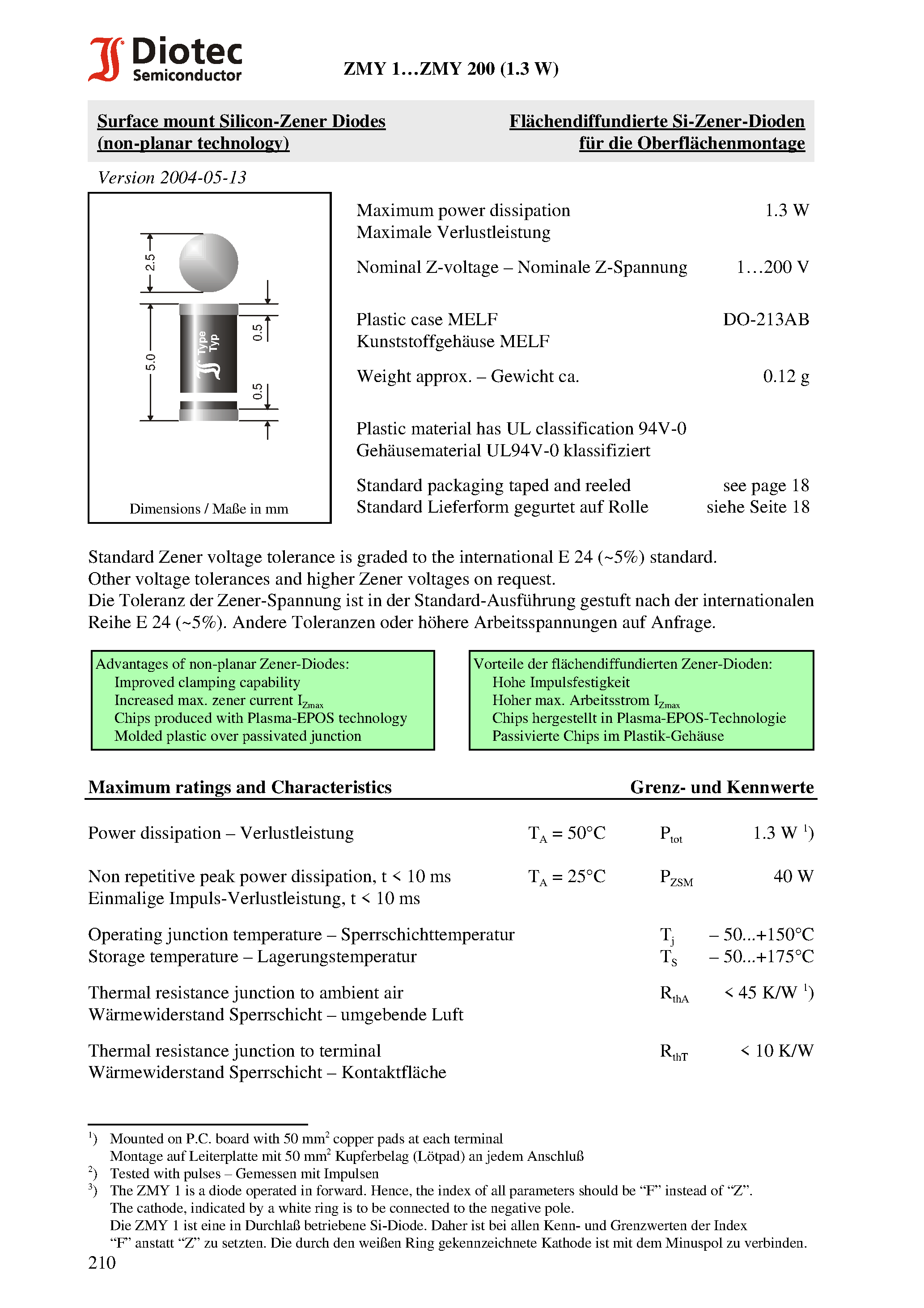 Datasheet ZMY68 page 1 Datasheet ZMY68 - Surface mount Silicon-Zener Diodes (non-planar technology) page 1