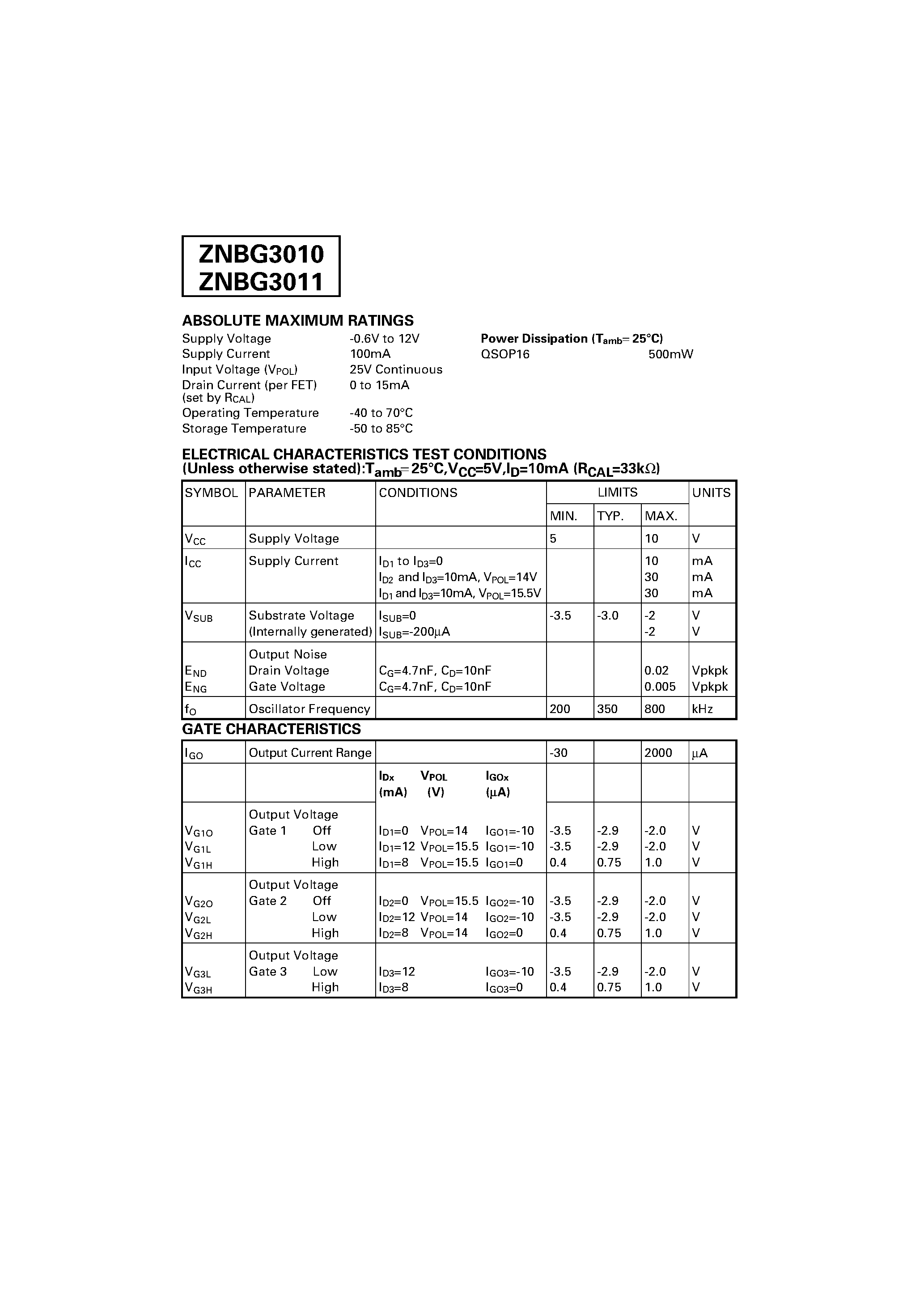 Datasheet ZNBG3010 page 2 Datasheet ZNBG3010 - FET BIAS CONTROLLER AND POLARITY SWITCH page 2