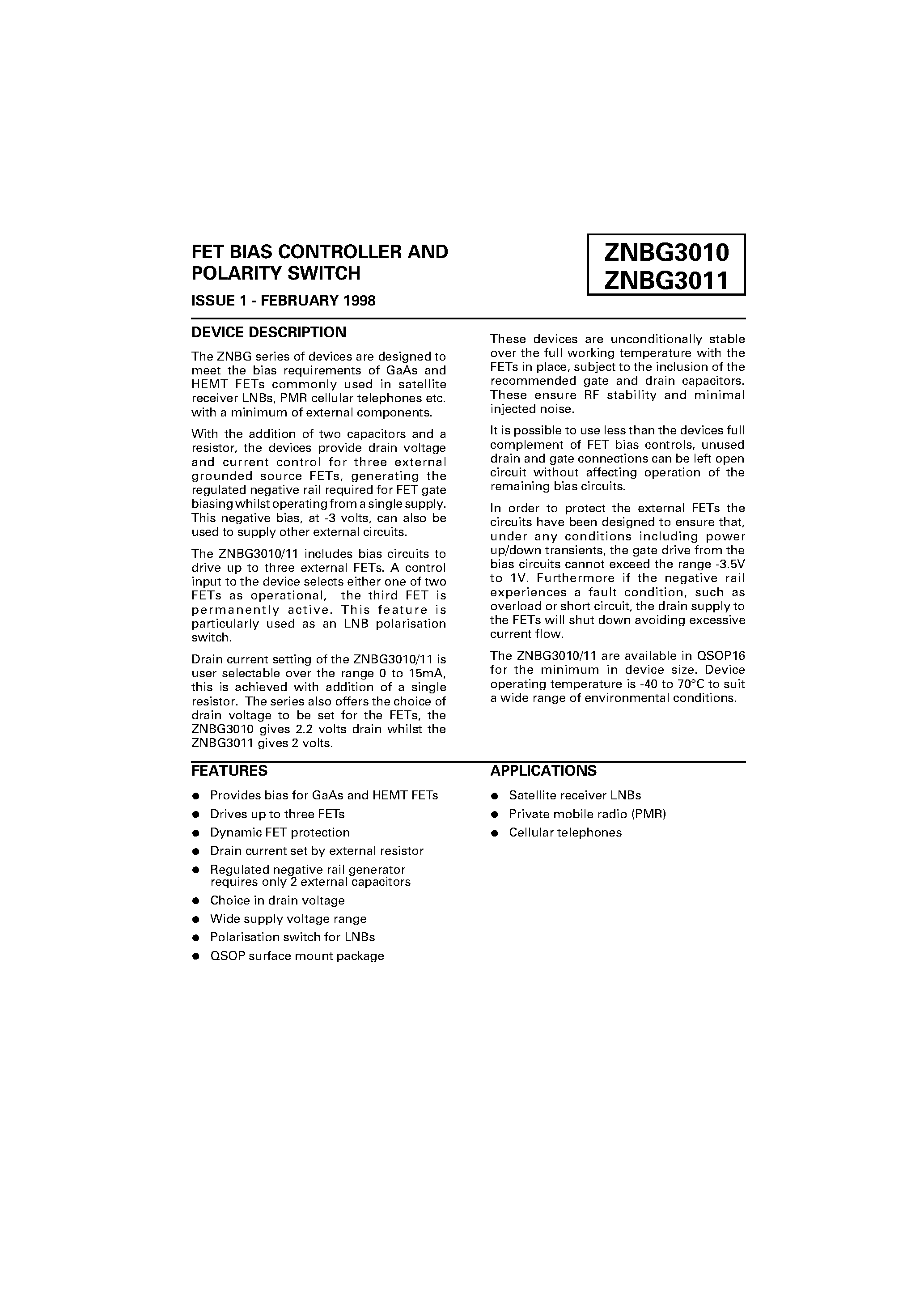 Datasheet ZNBG3010Q16 - FET BIAS CONTROLLER AND POLARITY SWITCH page 1